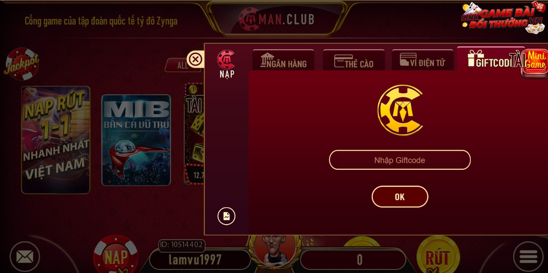 Nạp tiền bằng Gift Code tại cổng game Man Club