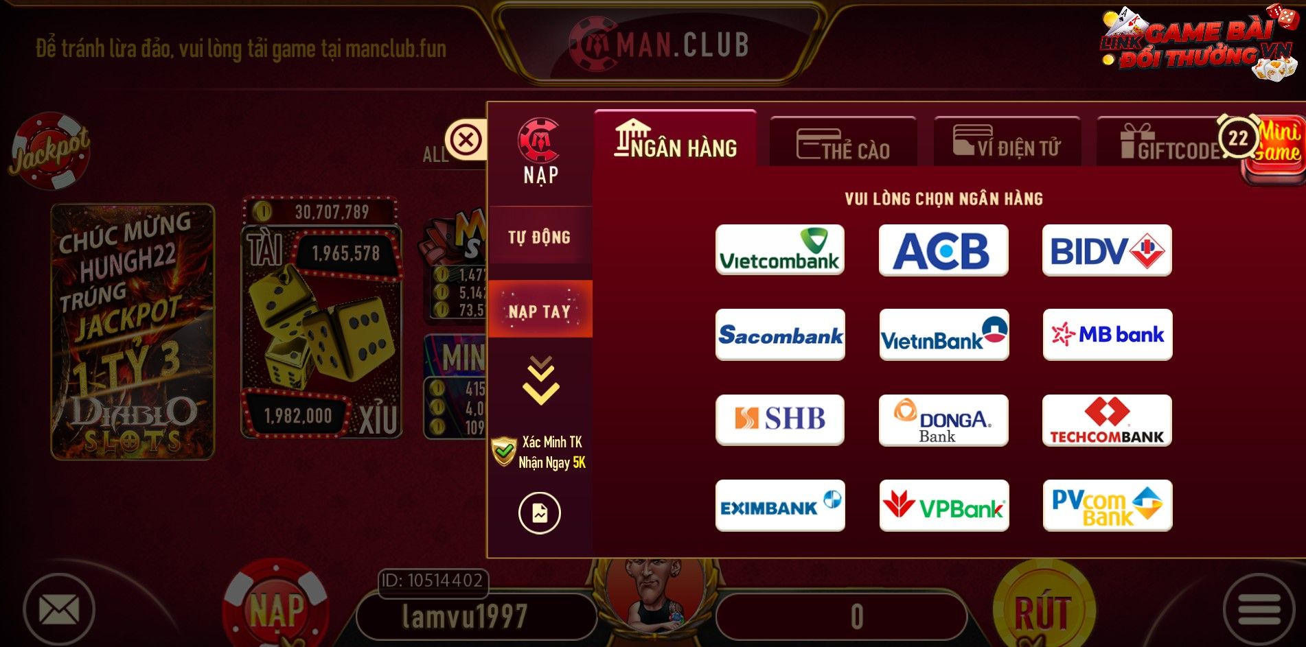 Nạp tiền qua ngân hàng tại cổng game Man Club