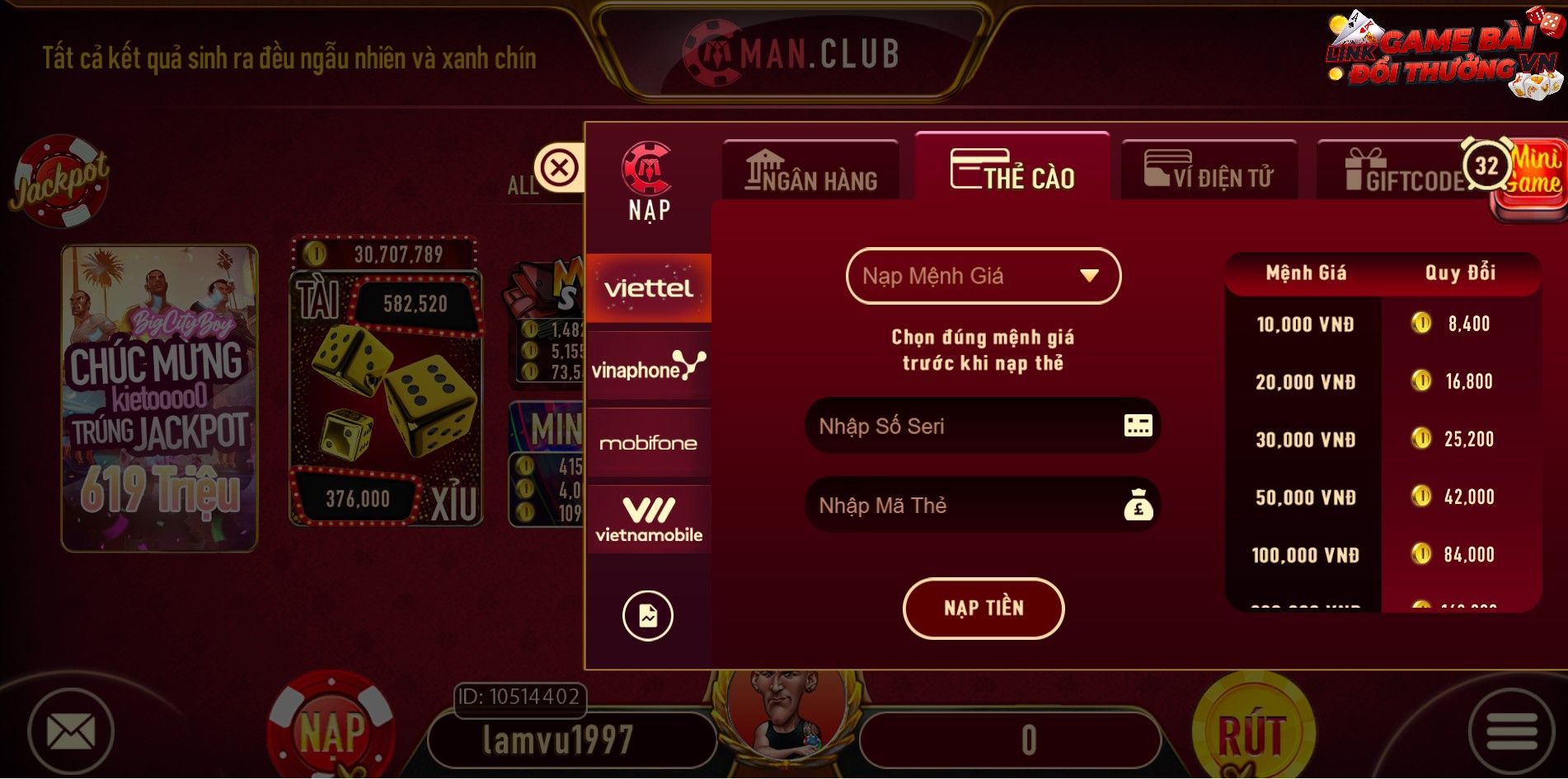 Nạp tiền qua thẻ cào tại cổng game Man Club