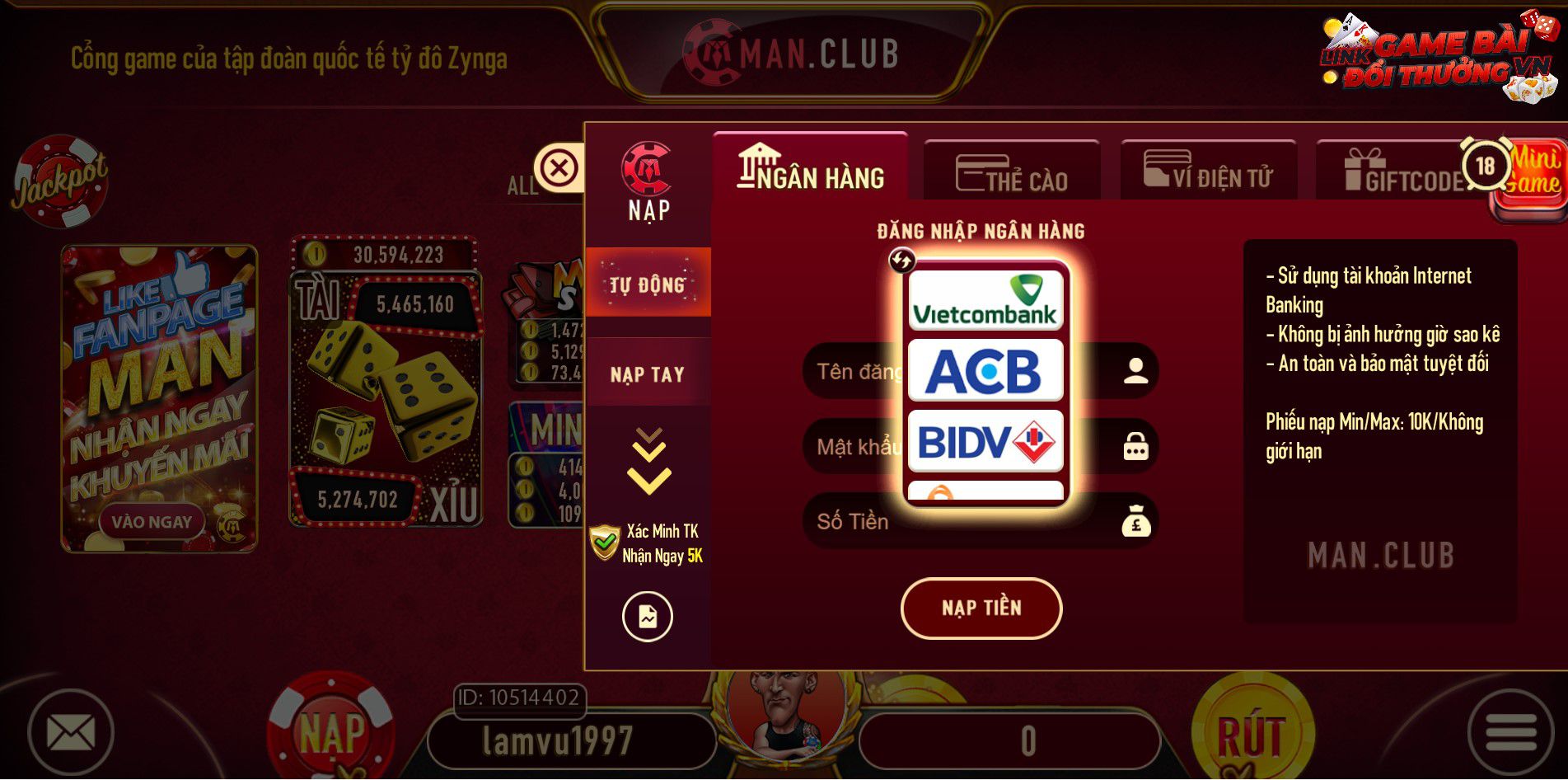 Nạp tiền tự động tại cổng game Man Club