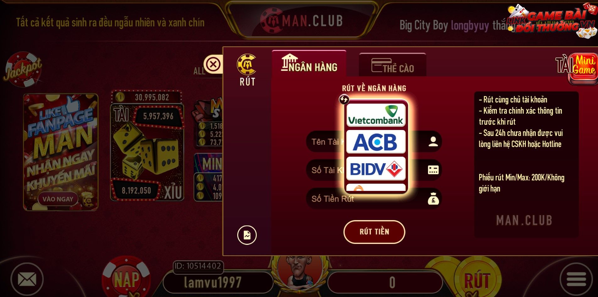 Rút tiền qua ngân hàng tại cổng game Man Club