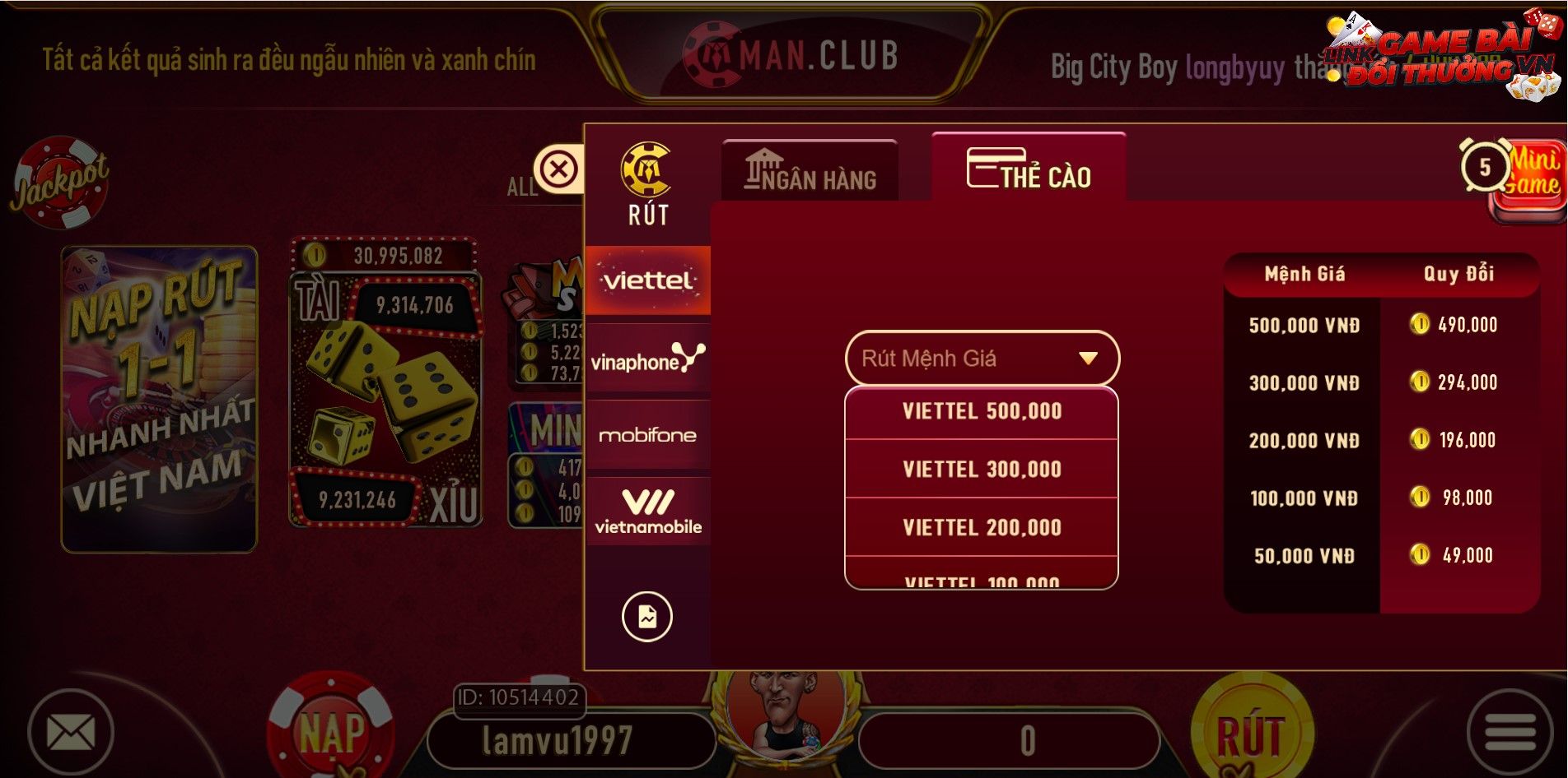 Rút tiền qua thẻ cào tại cổng game Man Club