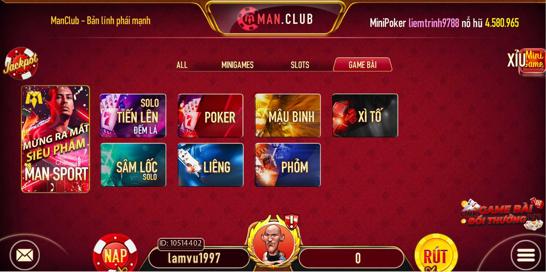 Sảnh game bài tại Man Club sở hữu nhiều tựa game hot