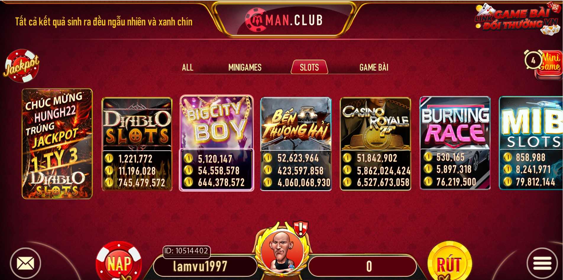 Sảnh Slots game tại Man Club có nhiều tựa game hot trên thị trường