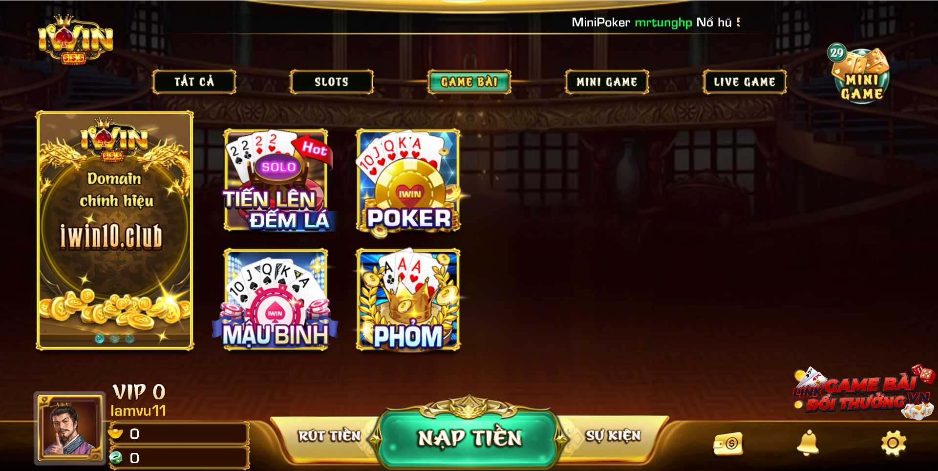 Giao diện sảnh game bài tại IWIN Club