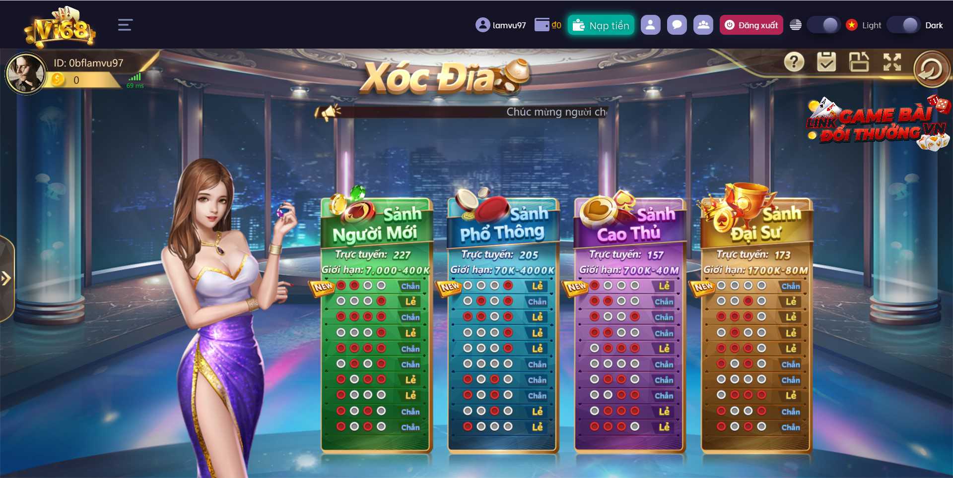 Giao diện game Xóc Đĩa tại Vi68