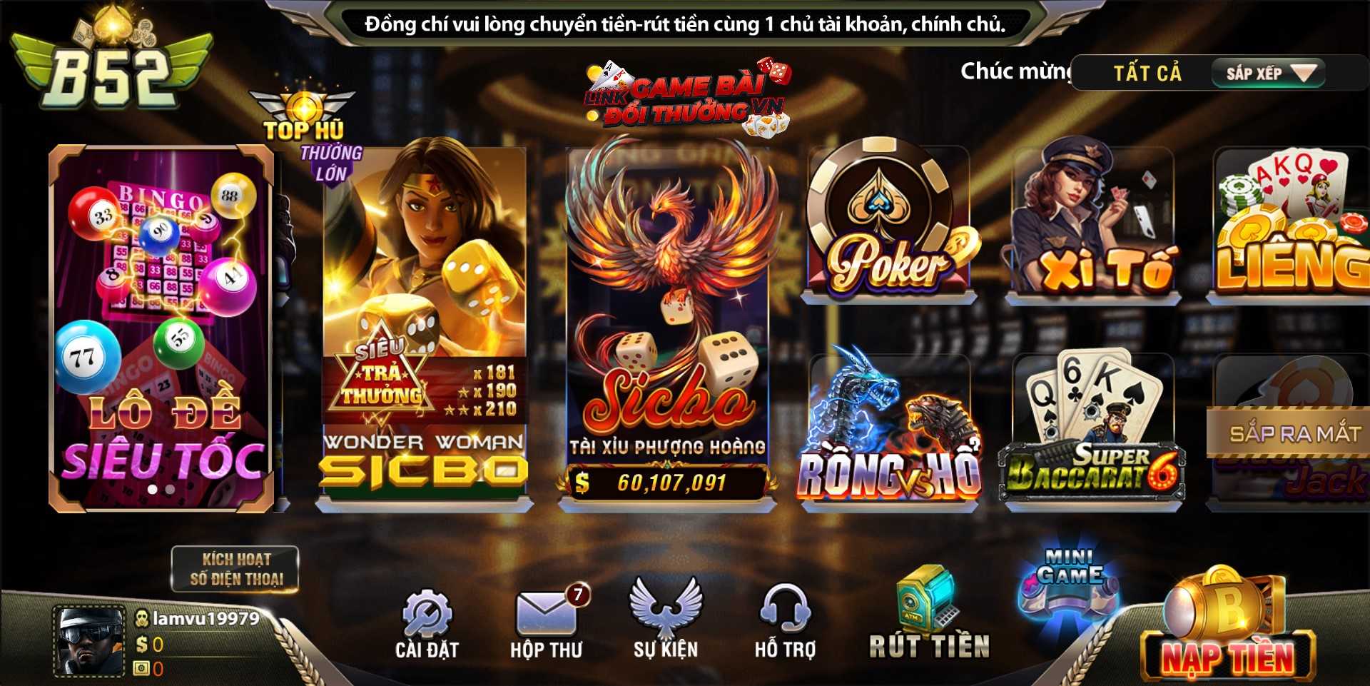 Giao diện cổng game B52 Club