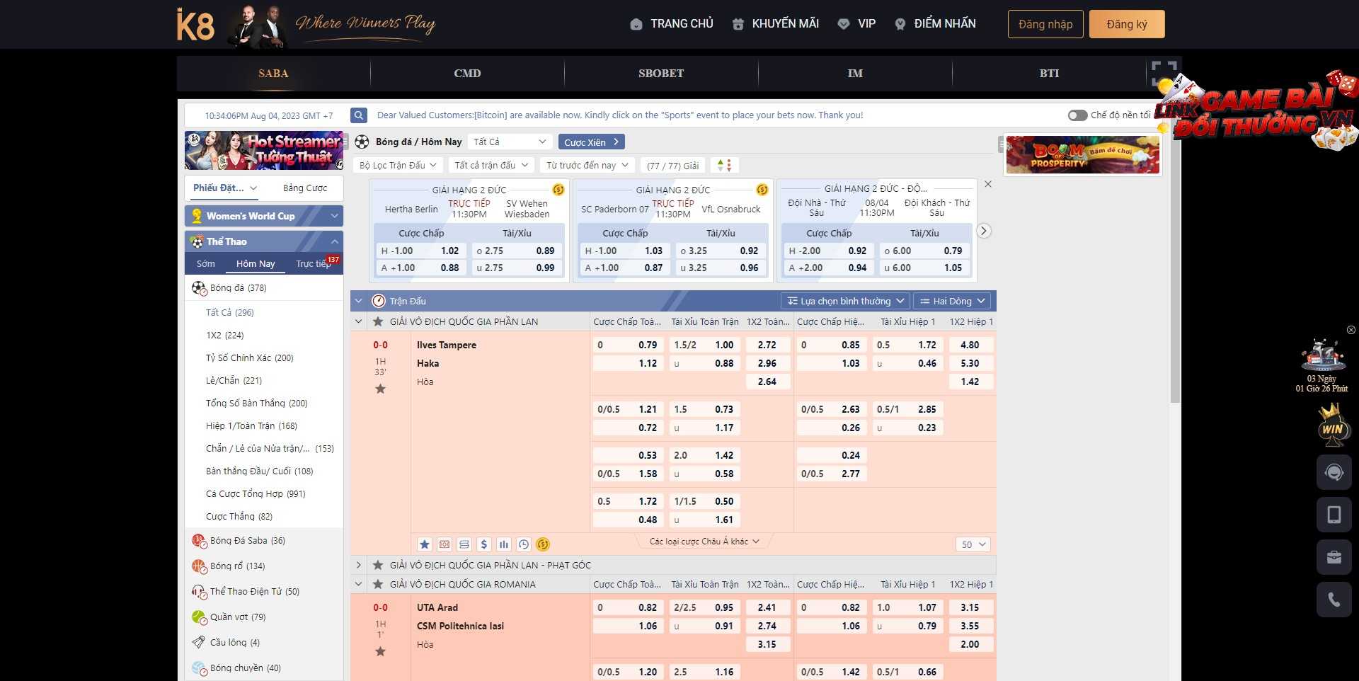 Giao diện đặt cược thể thao tại K8