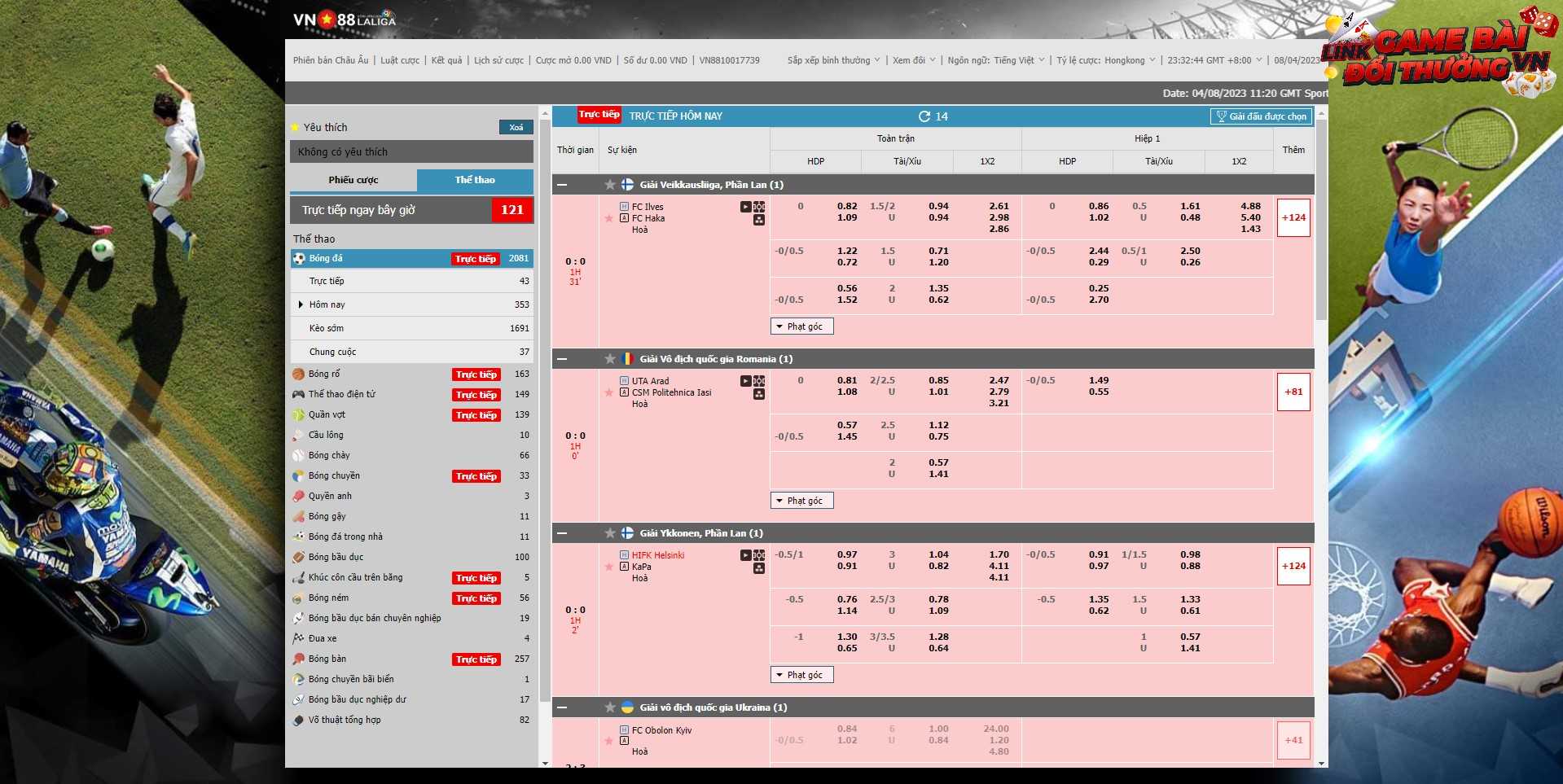 Giao diện đặt cược thể thao tại VN88