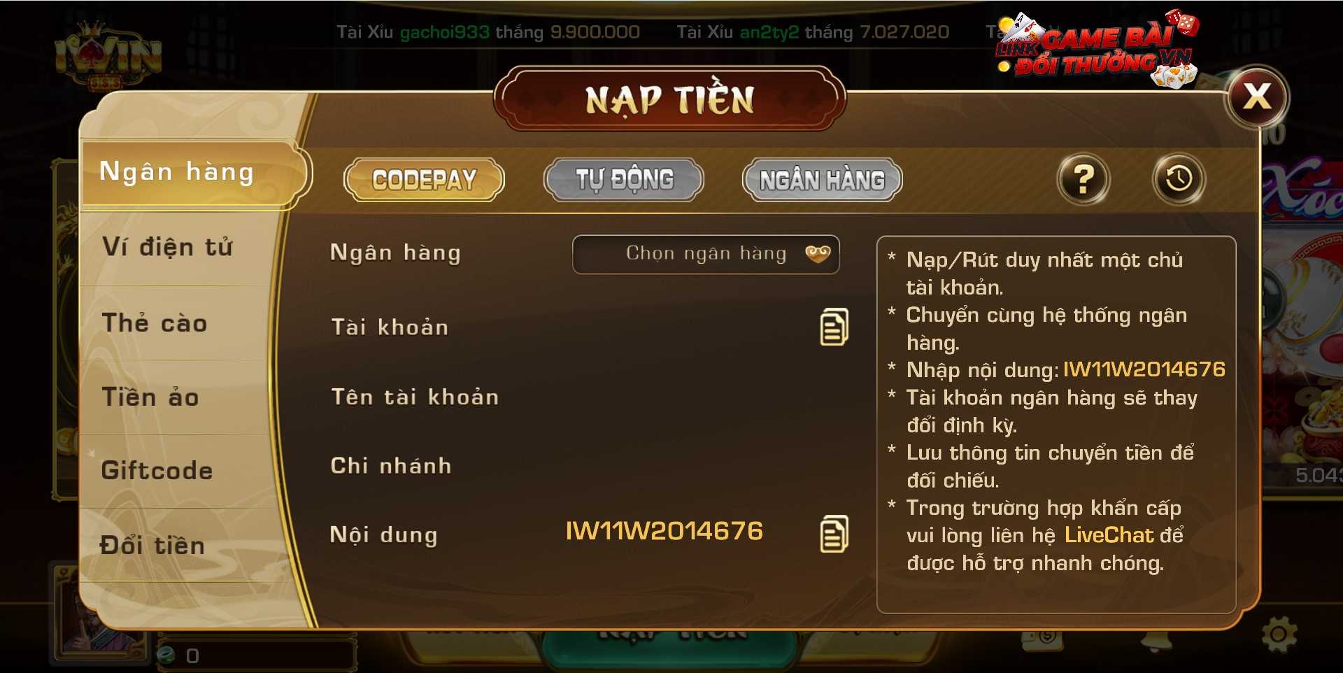 Giao diện nạp tiền qua hình thức code pay tại IWIN Club