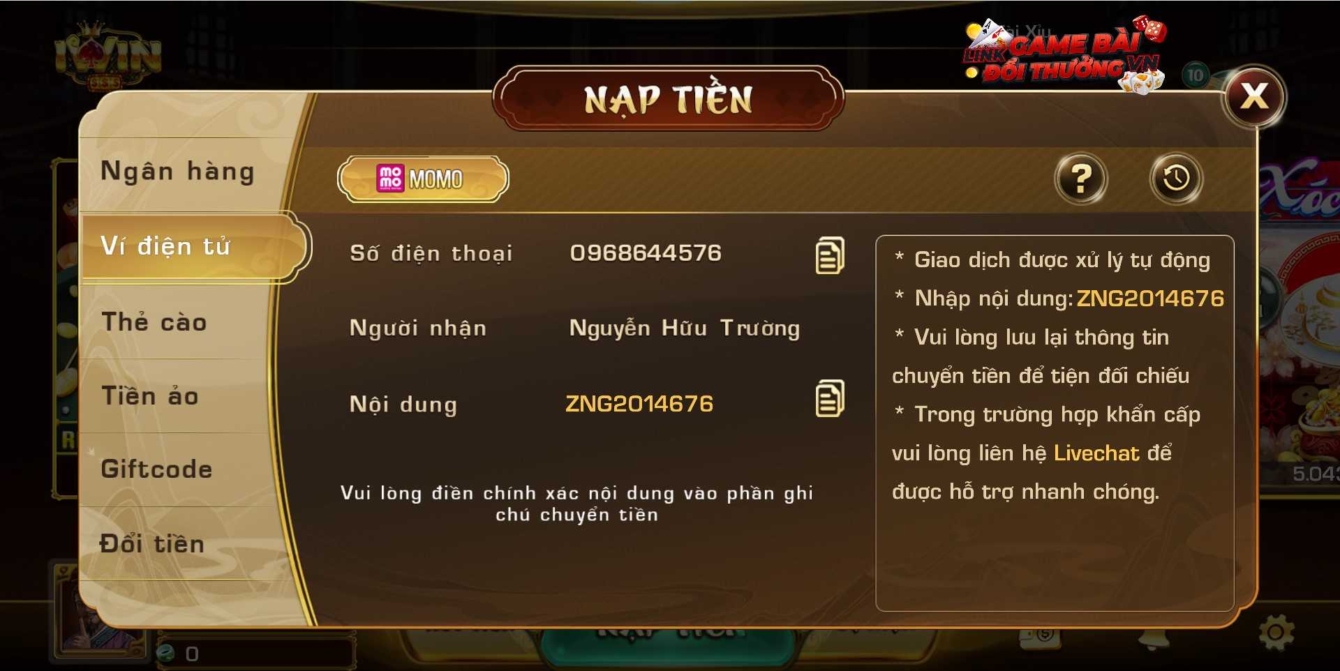 Giao diện nạp tiền qua ví điện tử Momo tại IWIN Club