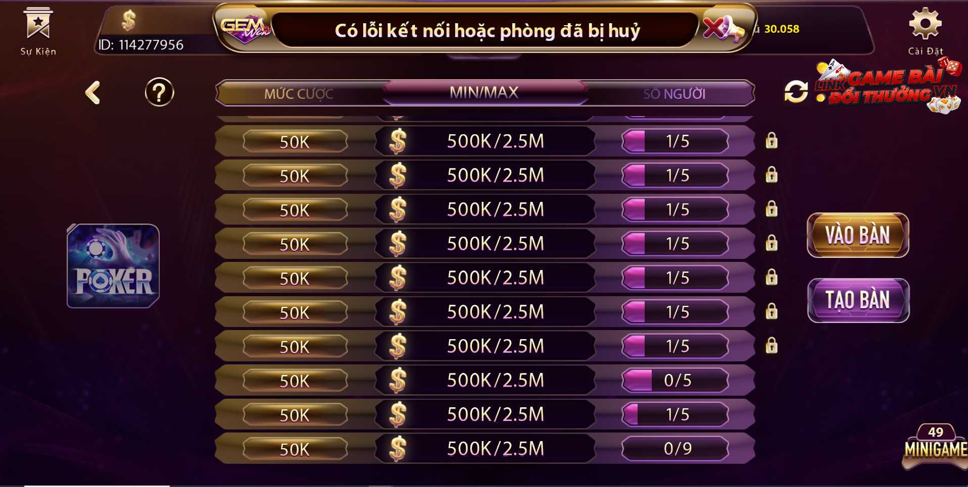 Giao diện phòng chờ game Poker tại Gem Club