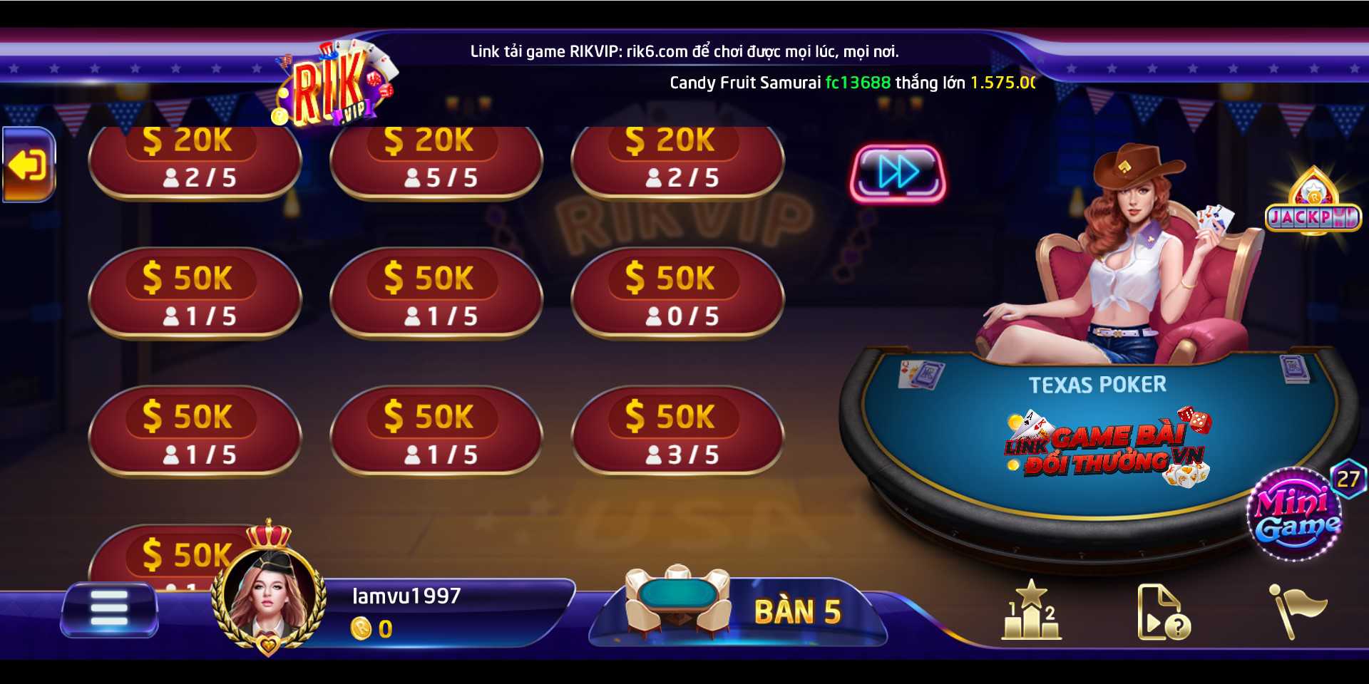 Giao diện phòng chờ game Poker tại Rikvip