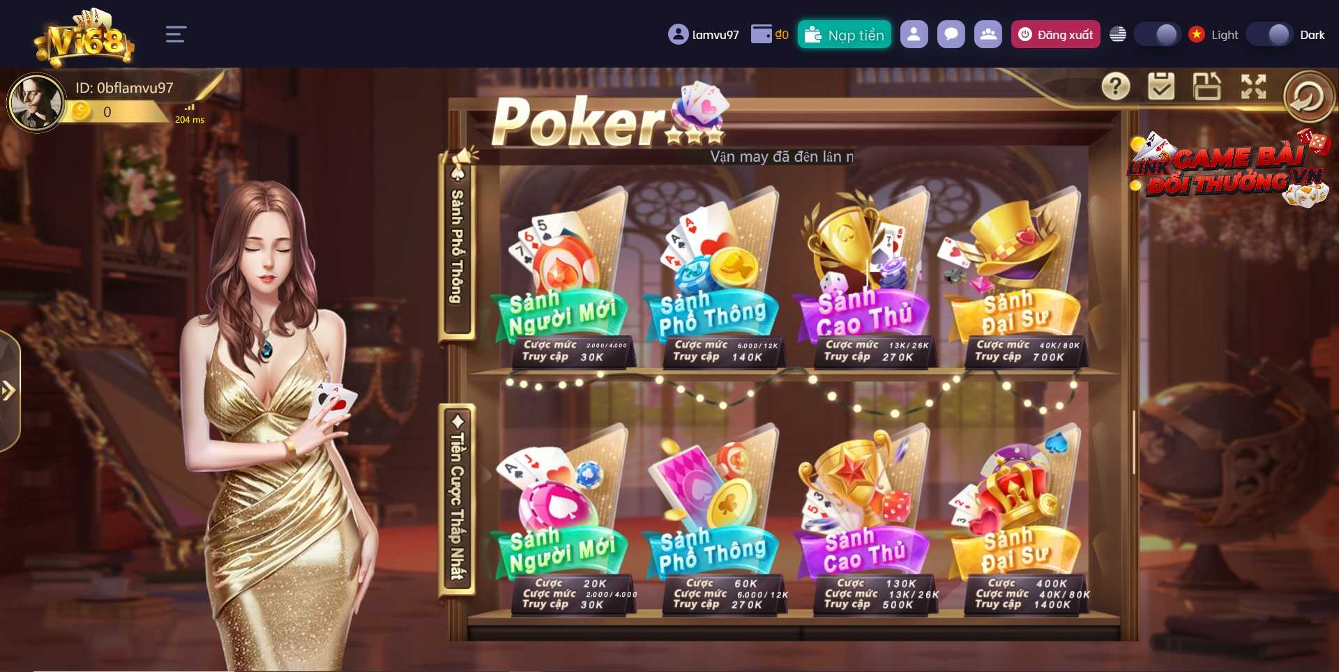 Giao diện phòng chờ game Poker tại VI68