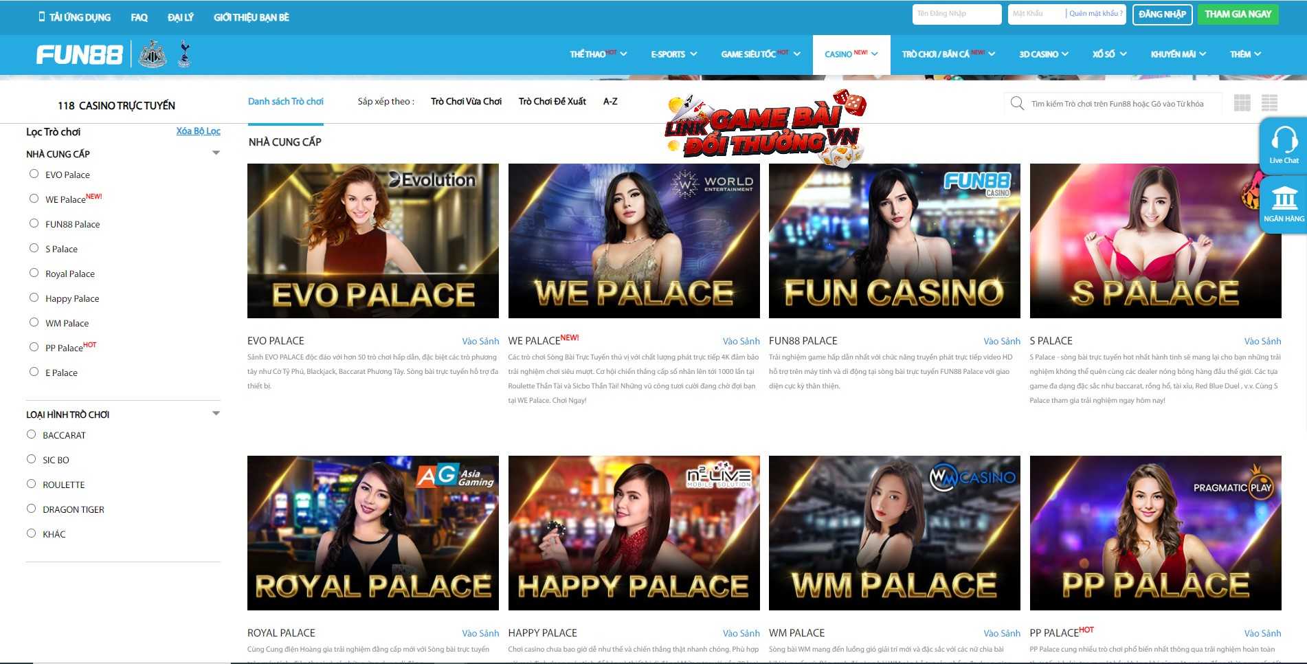 Giao diện sảnh Casino tại Fun88