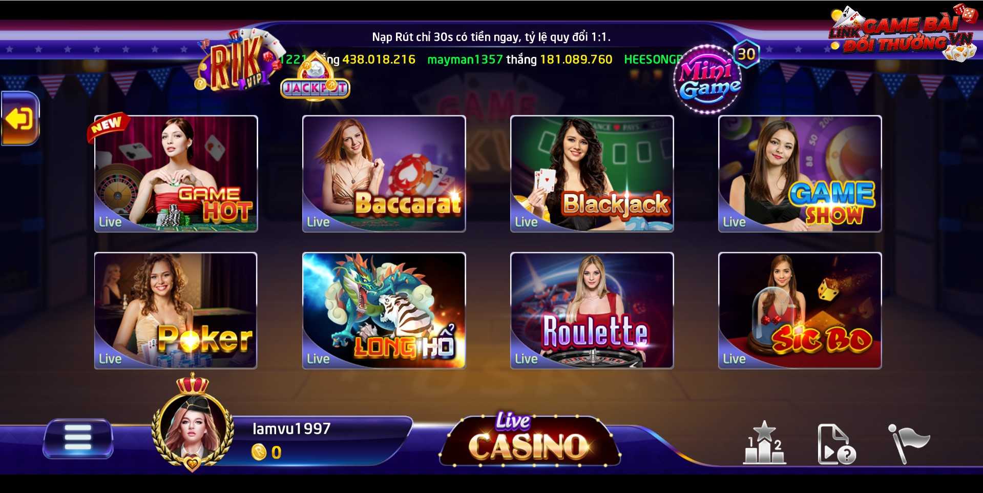 Giao diện sảnh Casino tại Rikvip