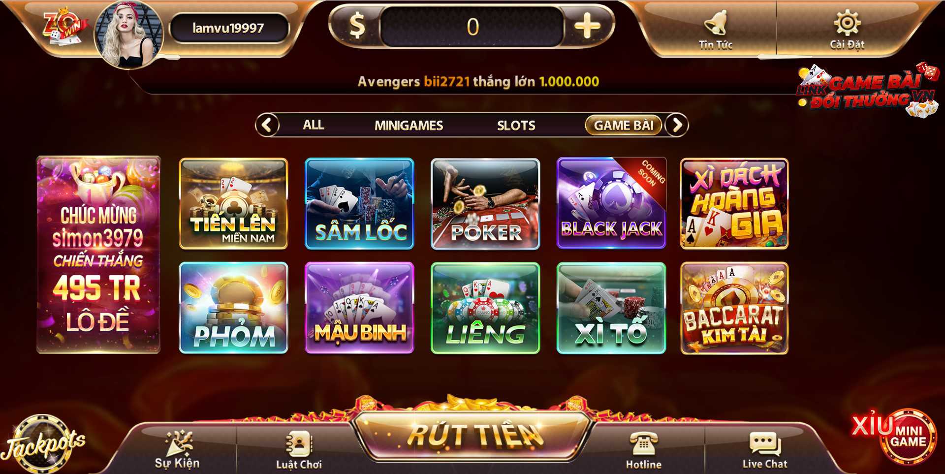 Giao diện sảnh Casino tại Zowin