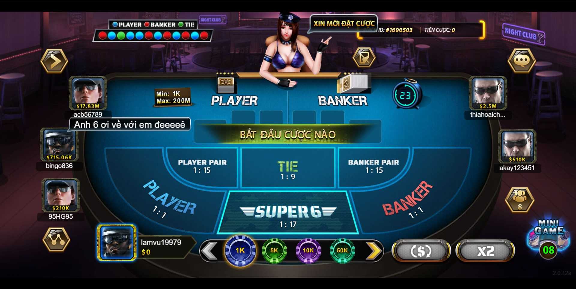 Giao diện sảnh game bài Baccarat tại B52 Club