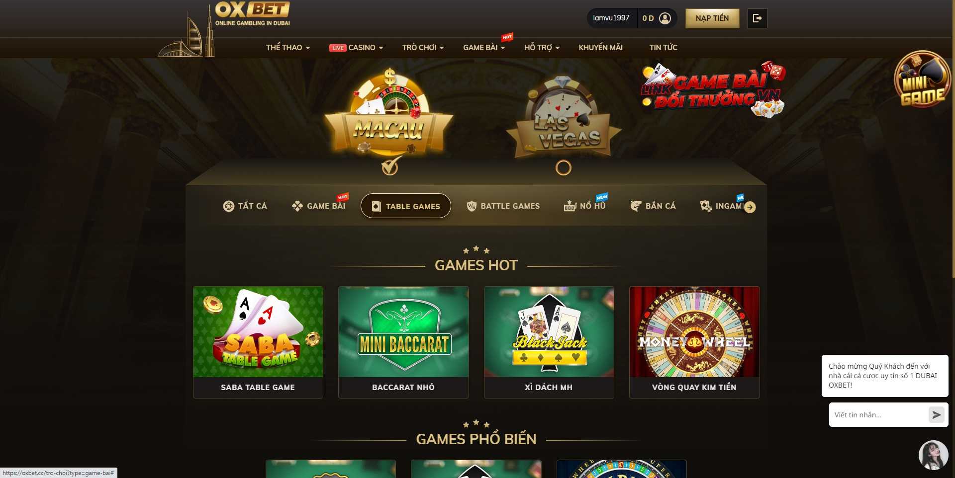 Giao diện sảnh game bài Baccarat tại OX Bet