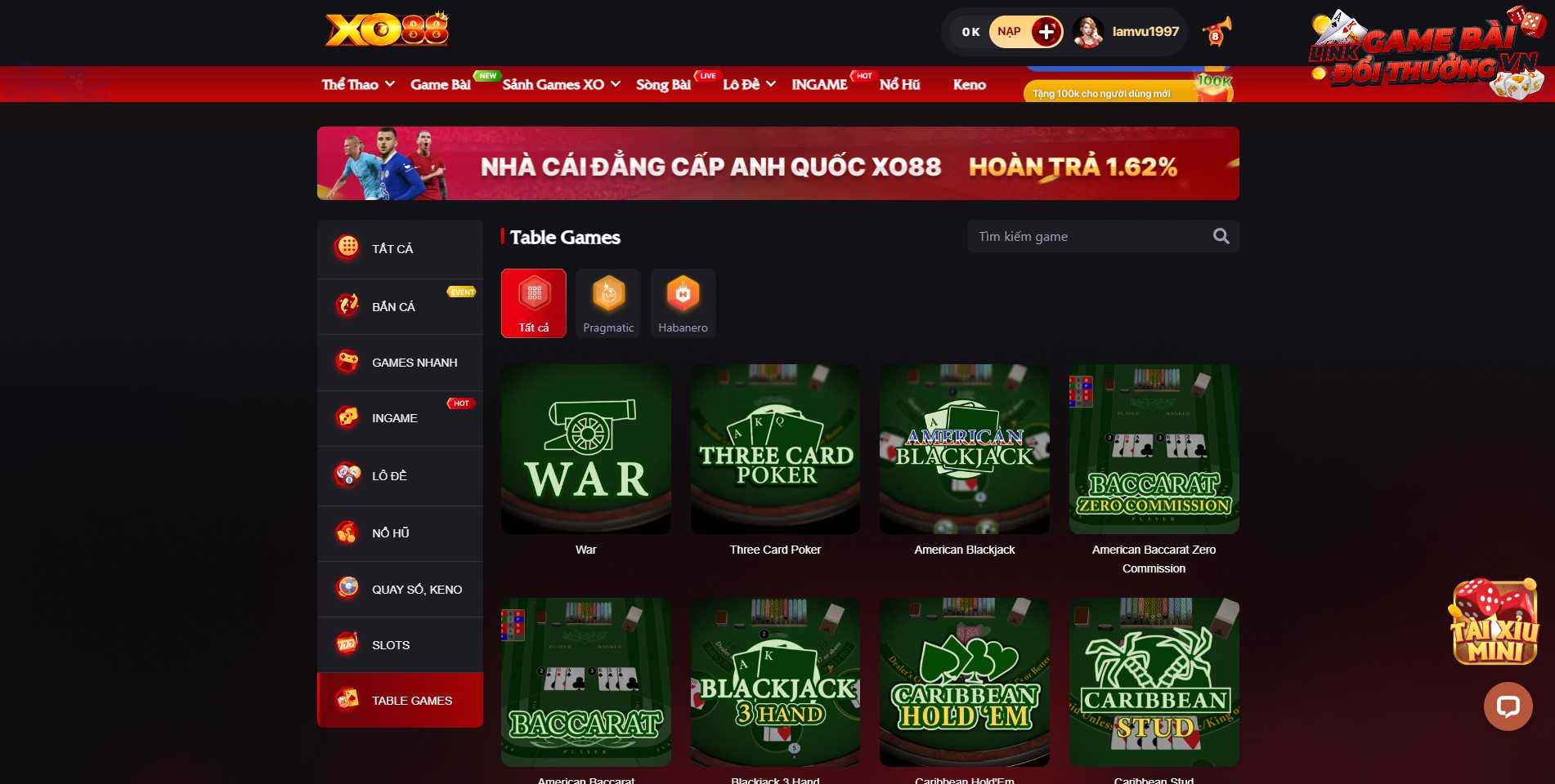 Giao diện sảnh game bài Baccarat tại XO88