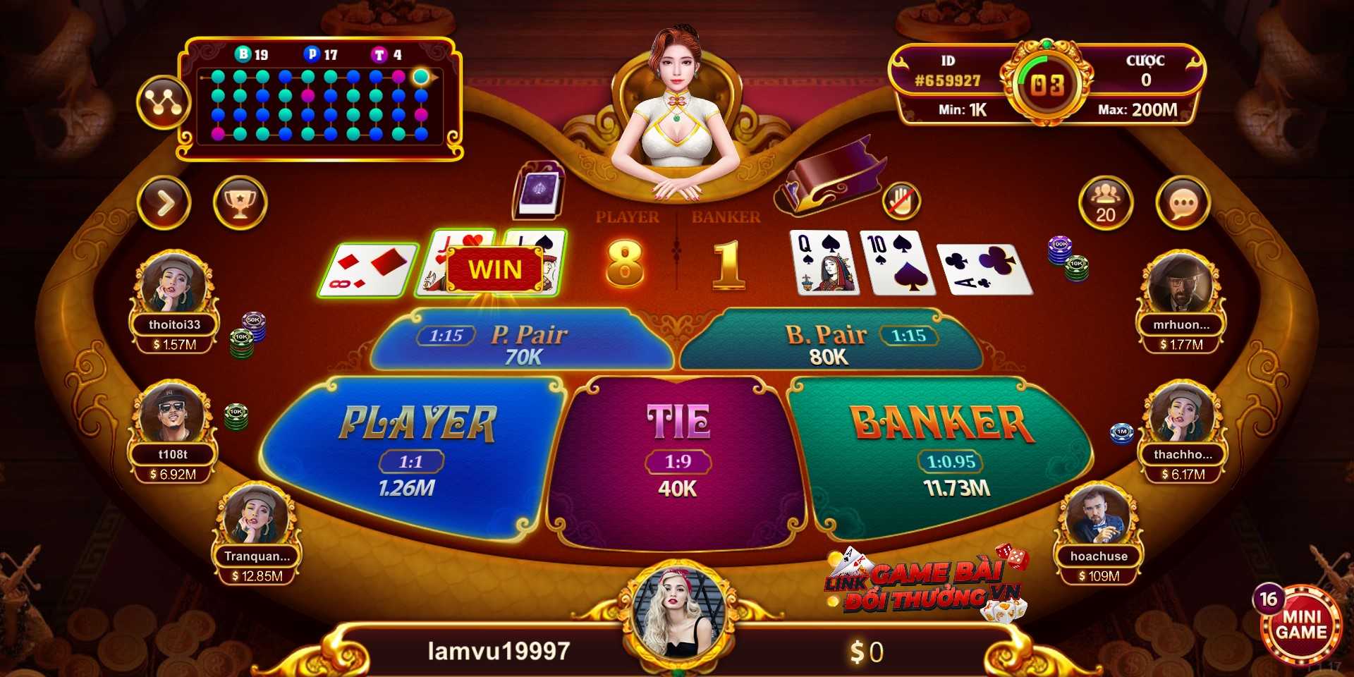 Giao diện sảnh game bài Baccarat tại Zowin