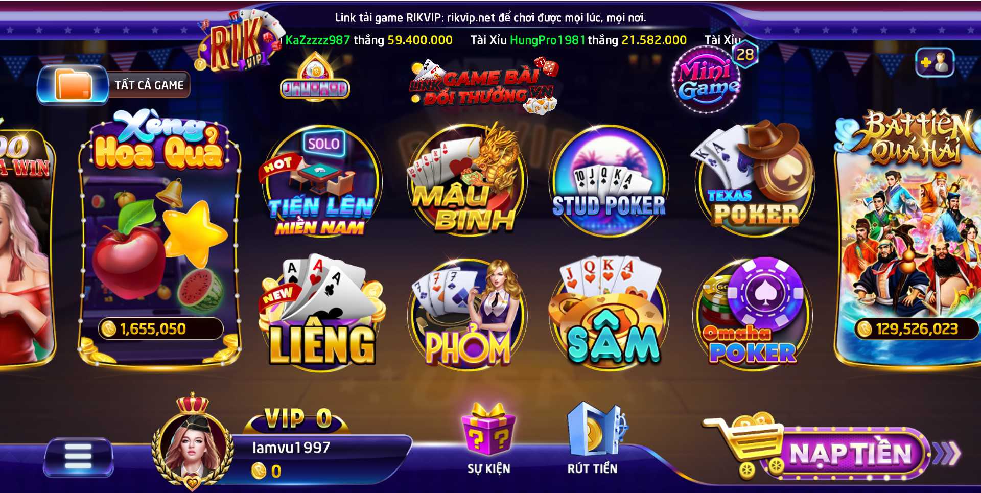 Giao diện sảnh game bài tại Rikvip