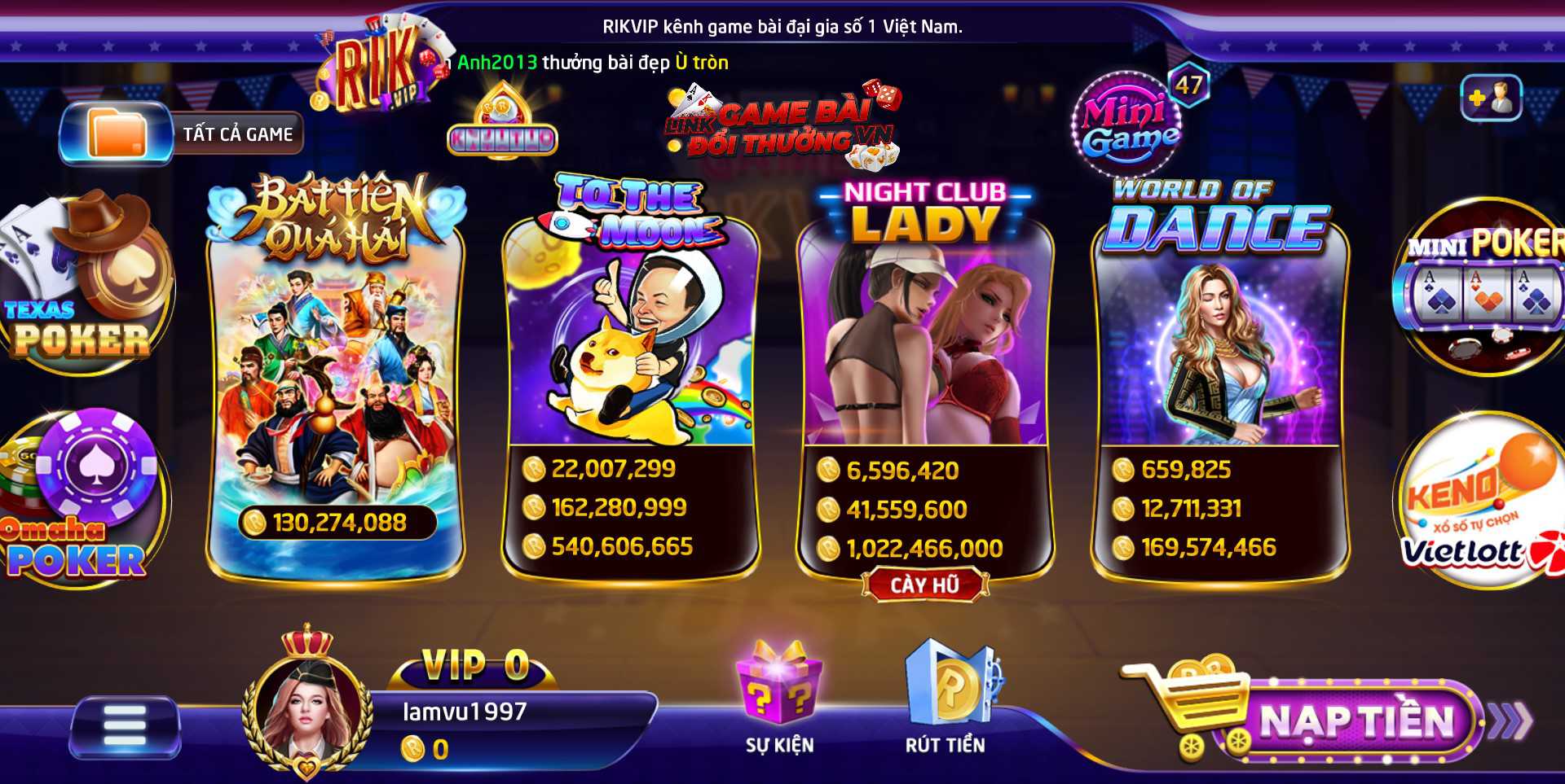 Giao diện sảnh game nổ hũ tại Rikvip