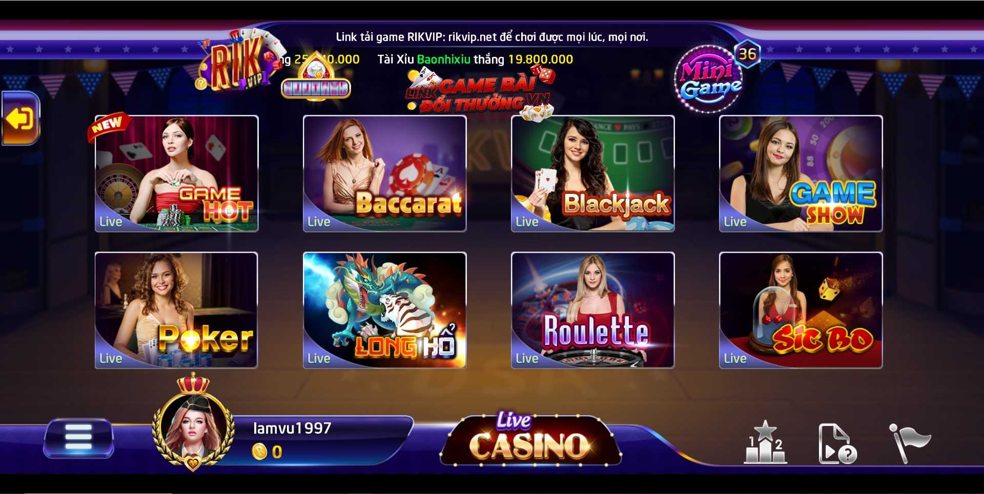 Giao diện sảnh live casino tại Rikvip