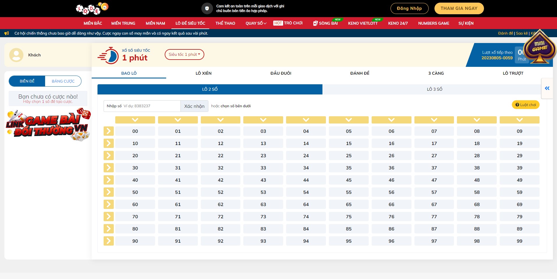 Giao diện sảnh lô đề tại trang Lode88