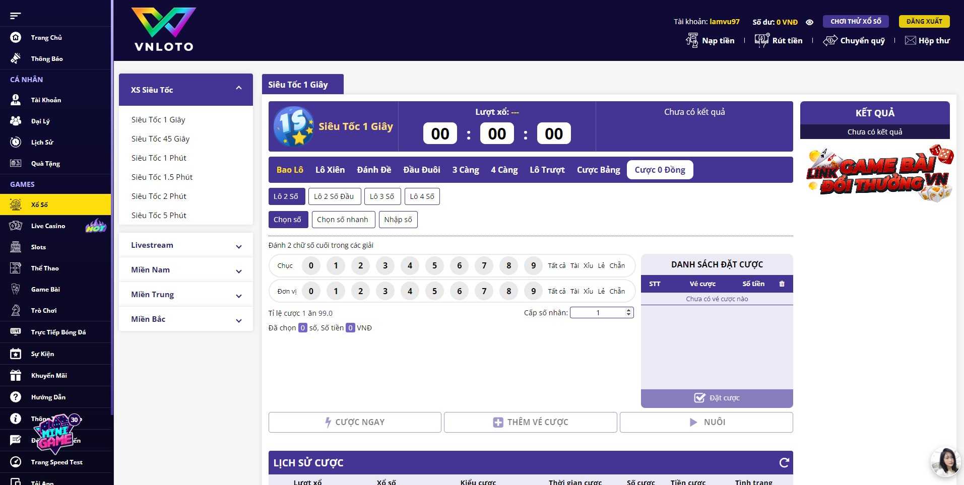 Giao diện sảnh lô đề tại Vnloto
