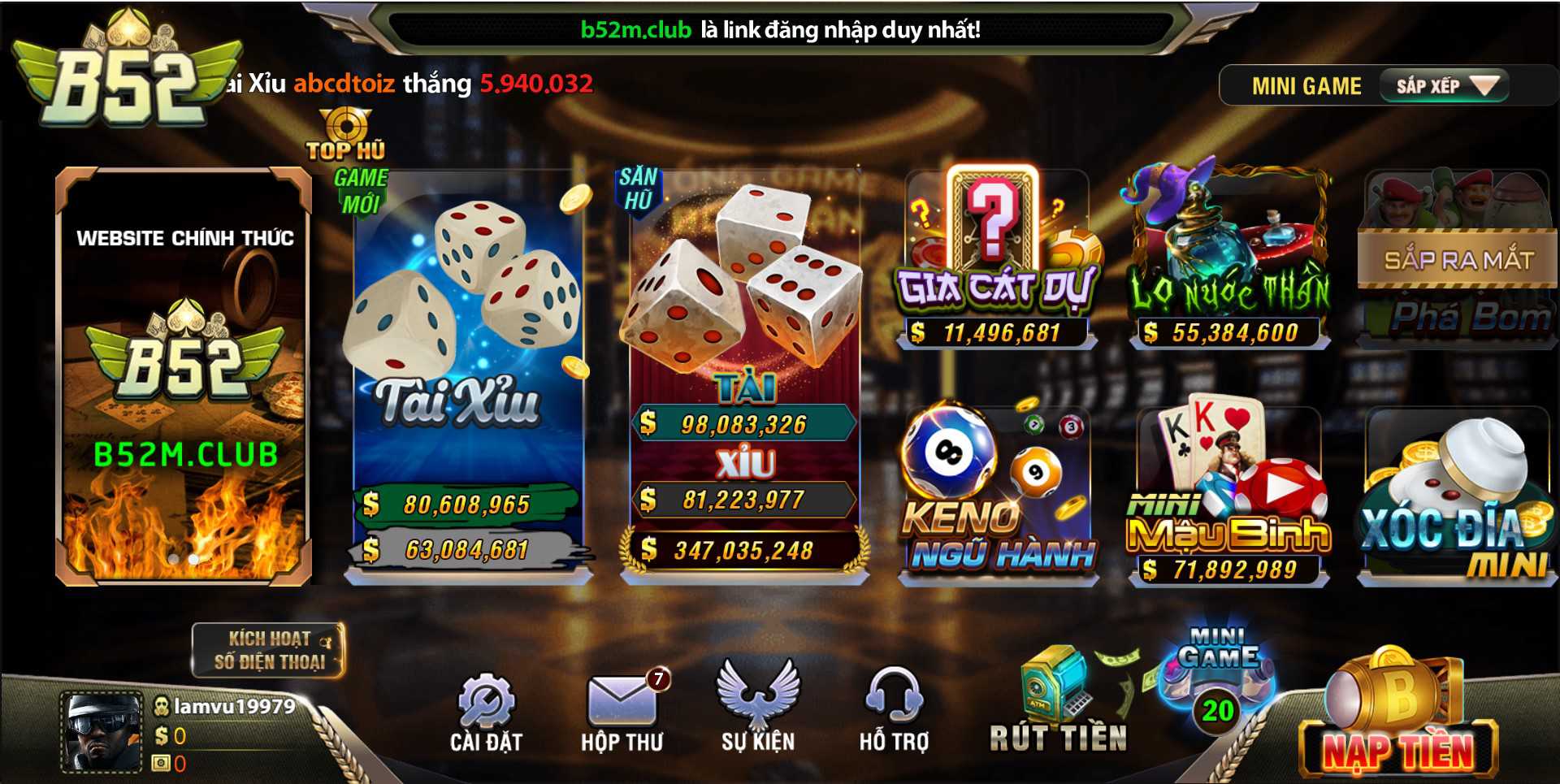 Giao diện sảnh mini game tại B52 Club