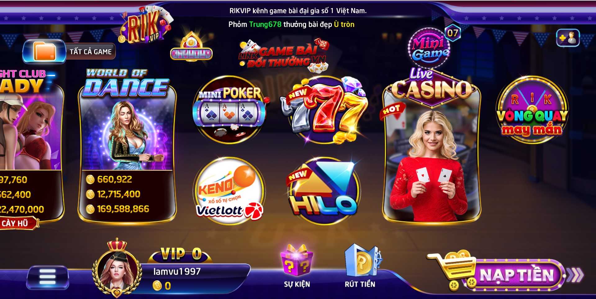 Giao diện sảnh mini game tại Rikvip