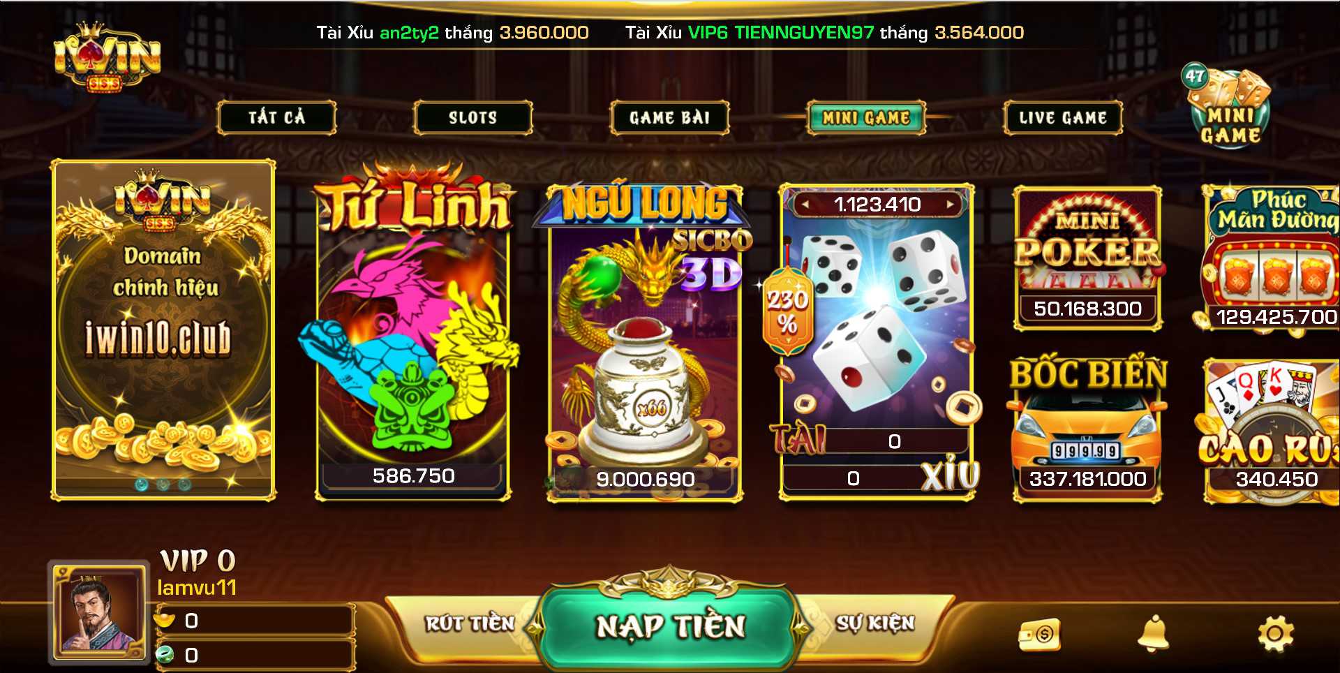 Sảnh mini game tại cổng game IWIN Club