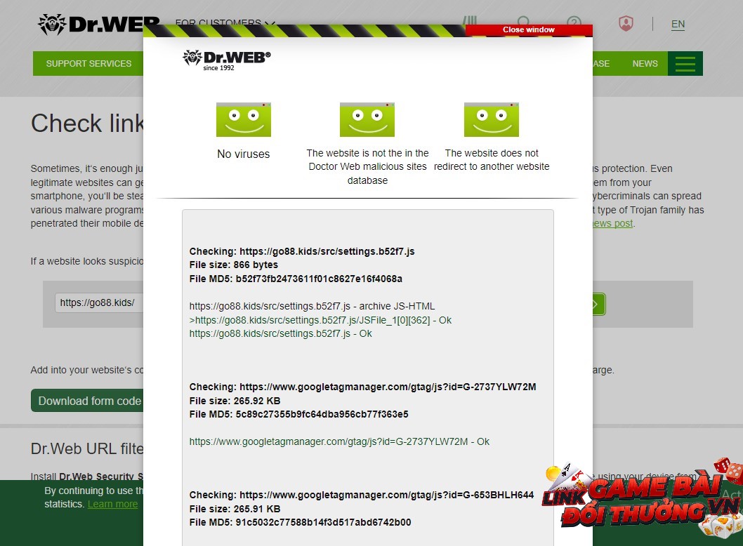 Độ uy tín của Go88 qua Dr.Web Anti-Virus Link Checker