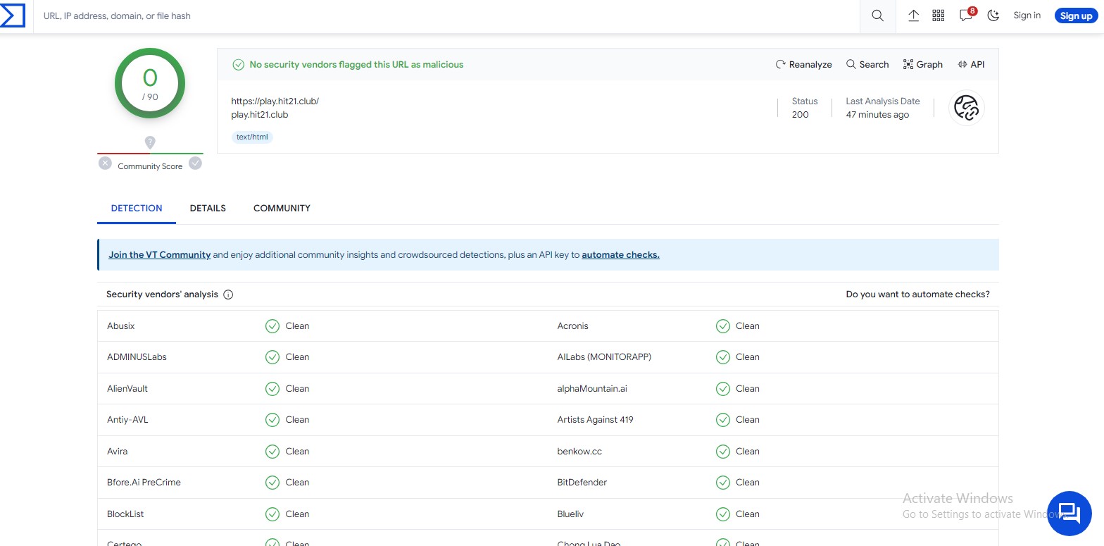 Độ uy tín của Hit Club qua VirusTotal