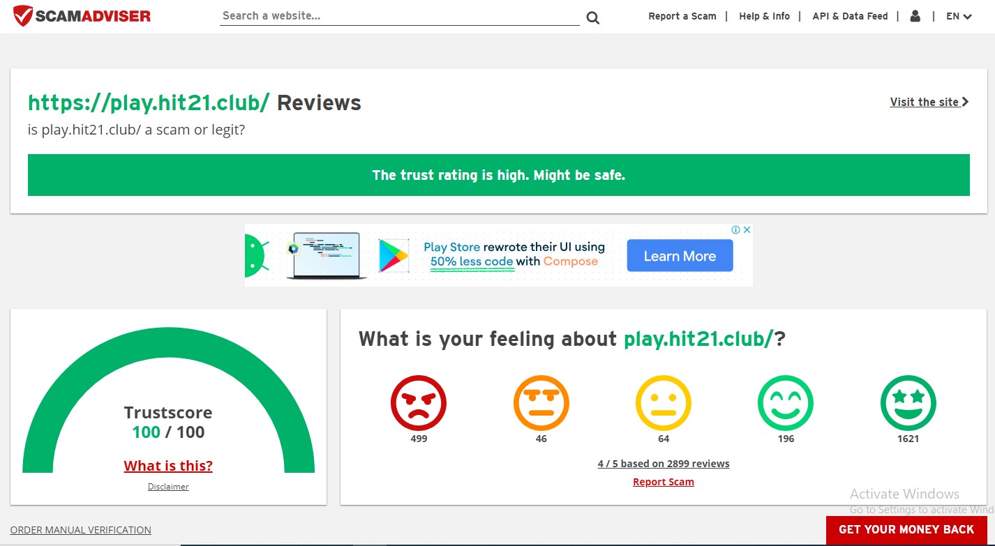 Độ uy tín của Hit Club qua scamadviser.com