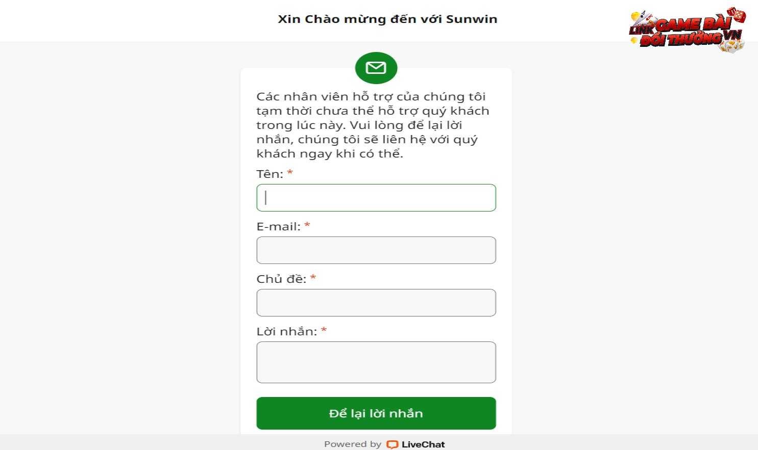 Liên hệ Sunwin qua Live Chat