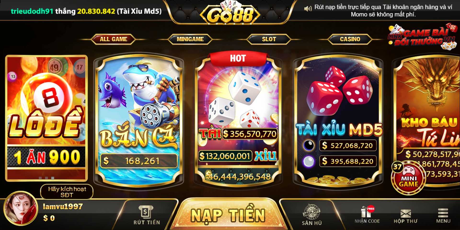 Giao diện cổng game Go88