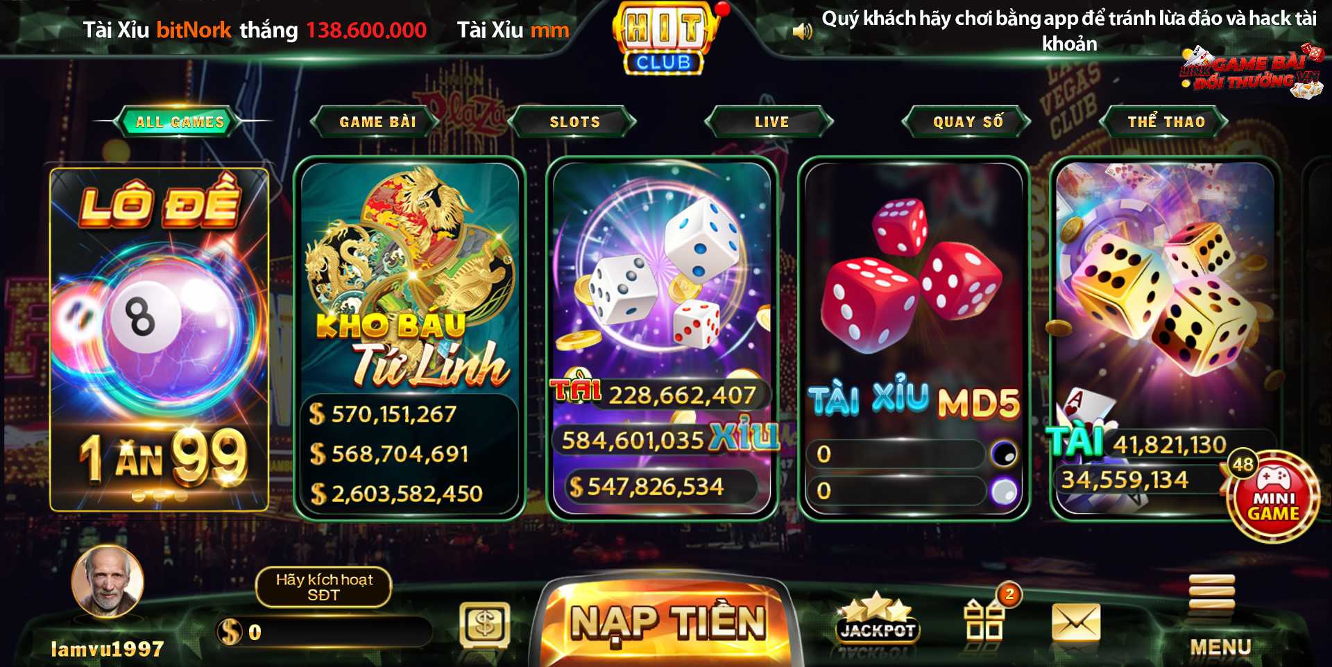 Giao diện cổng game Hit Club