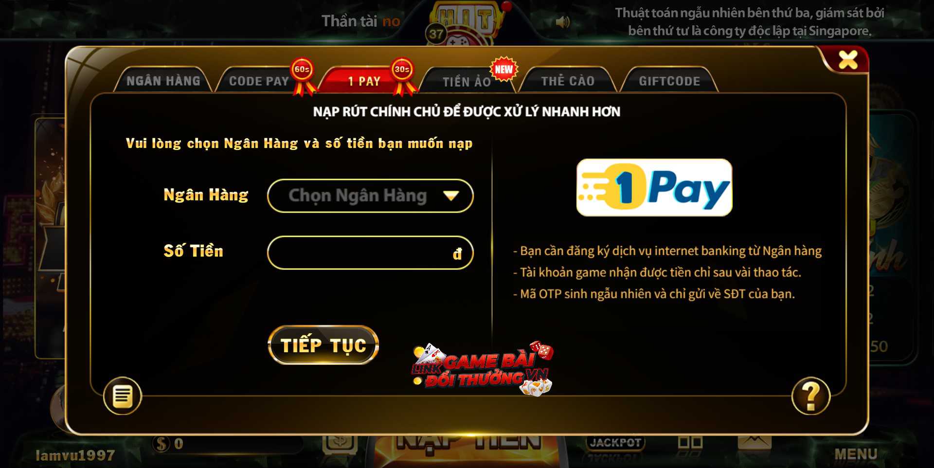 Giao diện hình thức nạp tiền qua 1Pay tại Hit Club