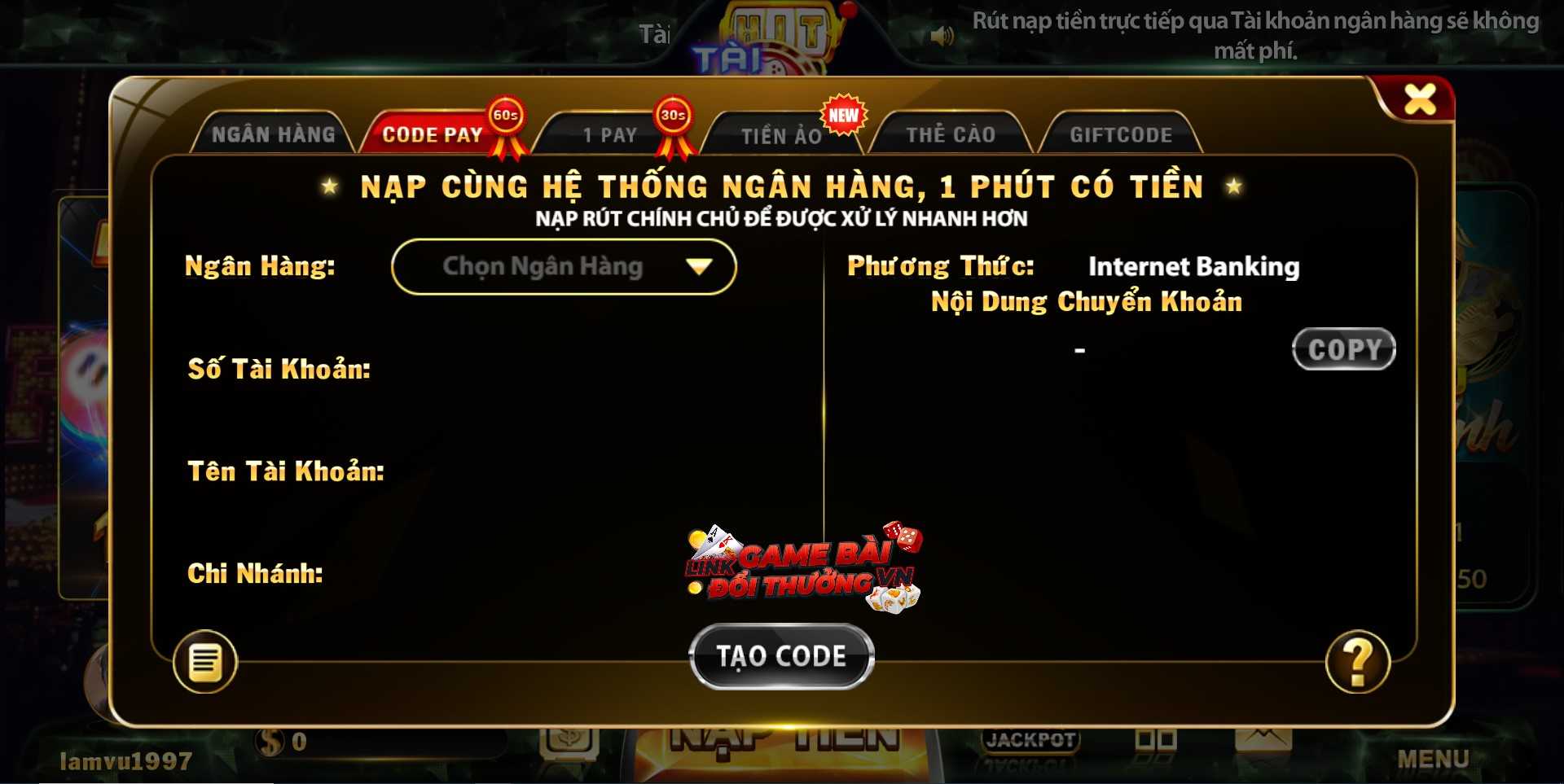 Giao diện hình thức nạp tiền qua Code Pay tại Hit Club