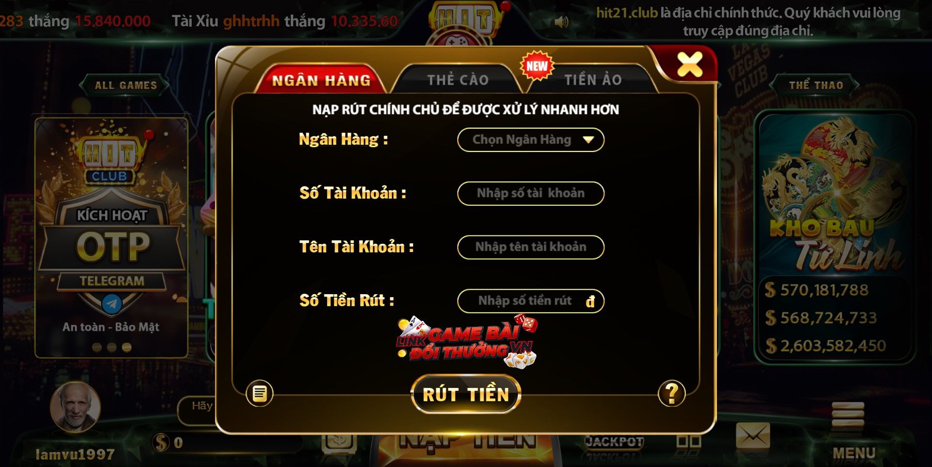 Giao diện hình thức rút tiền qua ngân hàng tại Hit Club