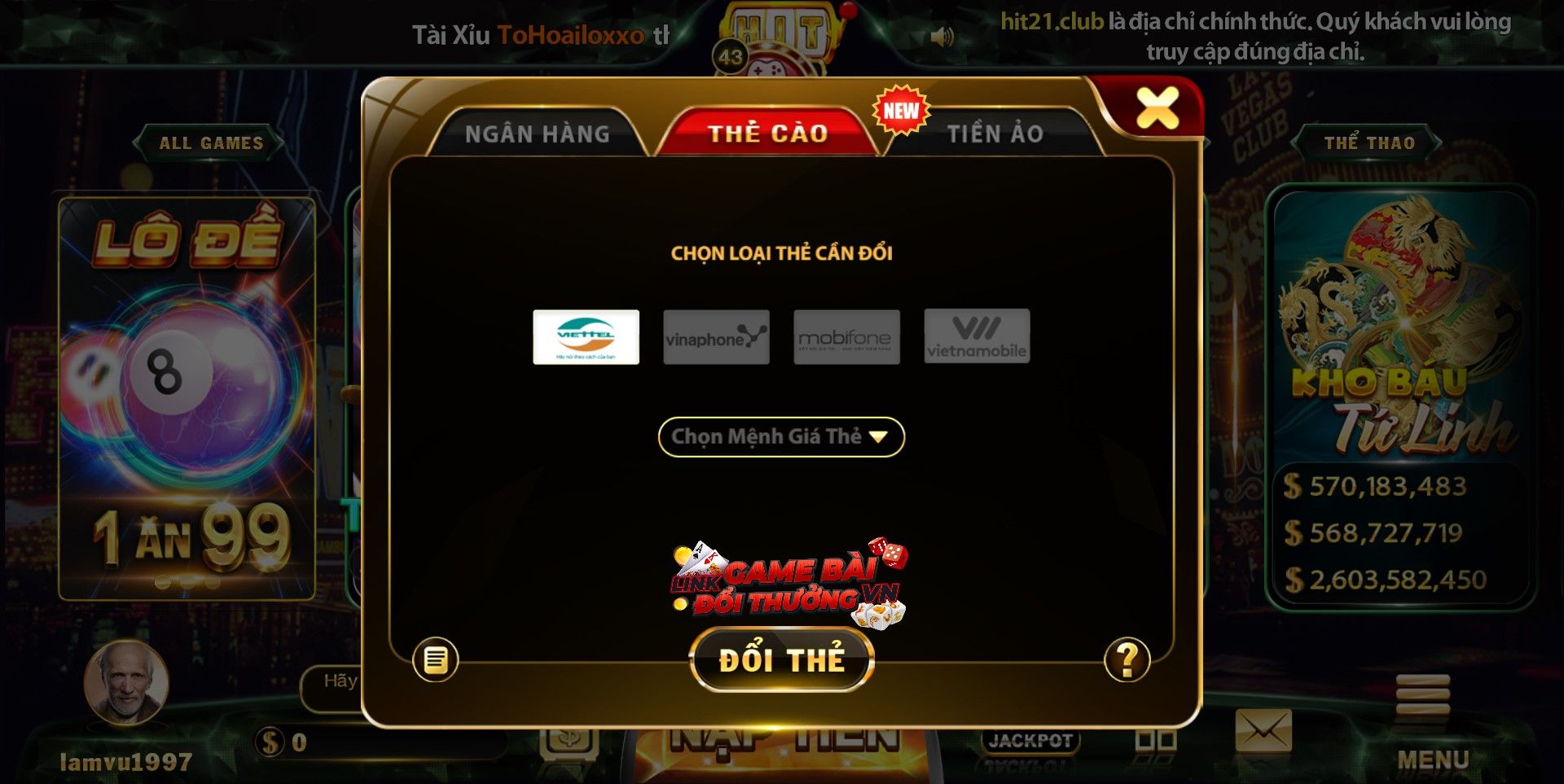 Giao diện hình thức rút tiền qua thẻ cào tại Hit Club