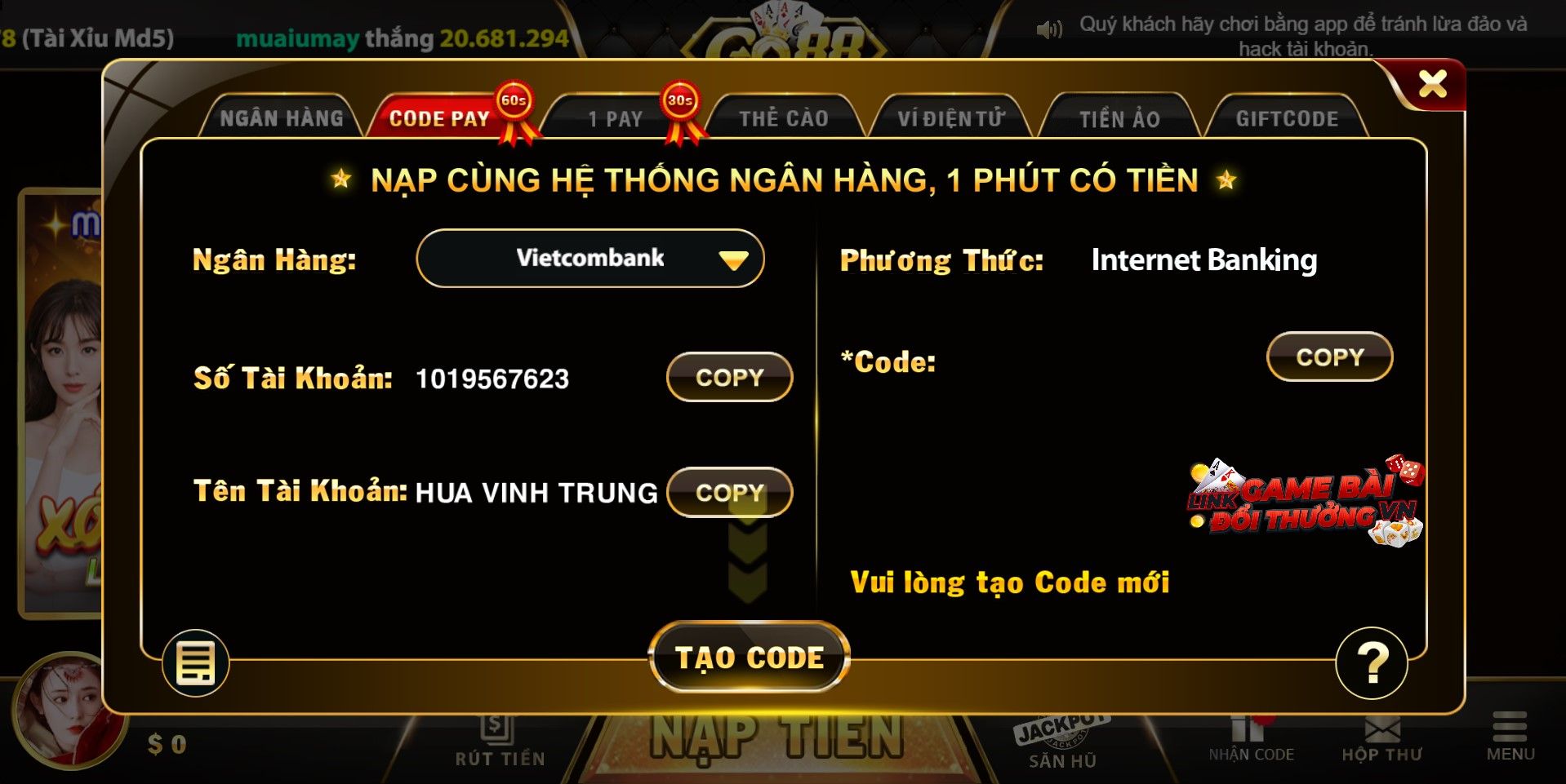 Giao diện nạp tiền qua hình thức Codepay tại Go88