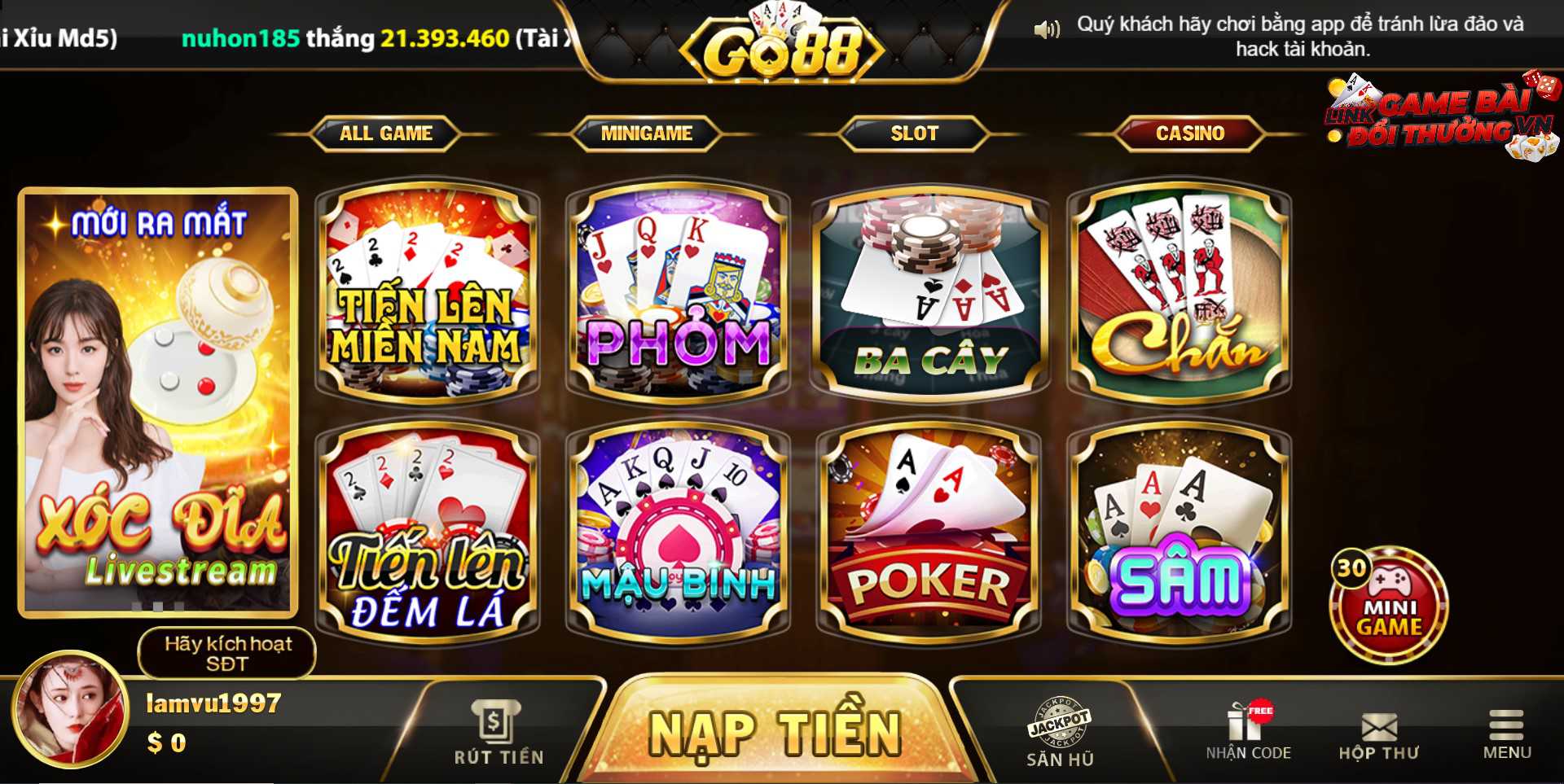 Giao diện sảnh Casino tại Go88