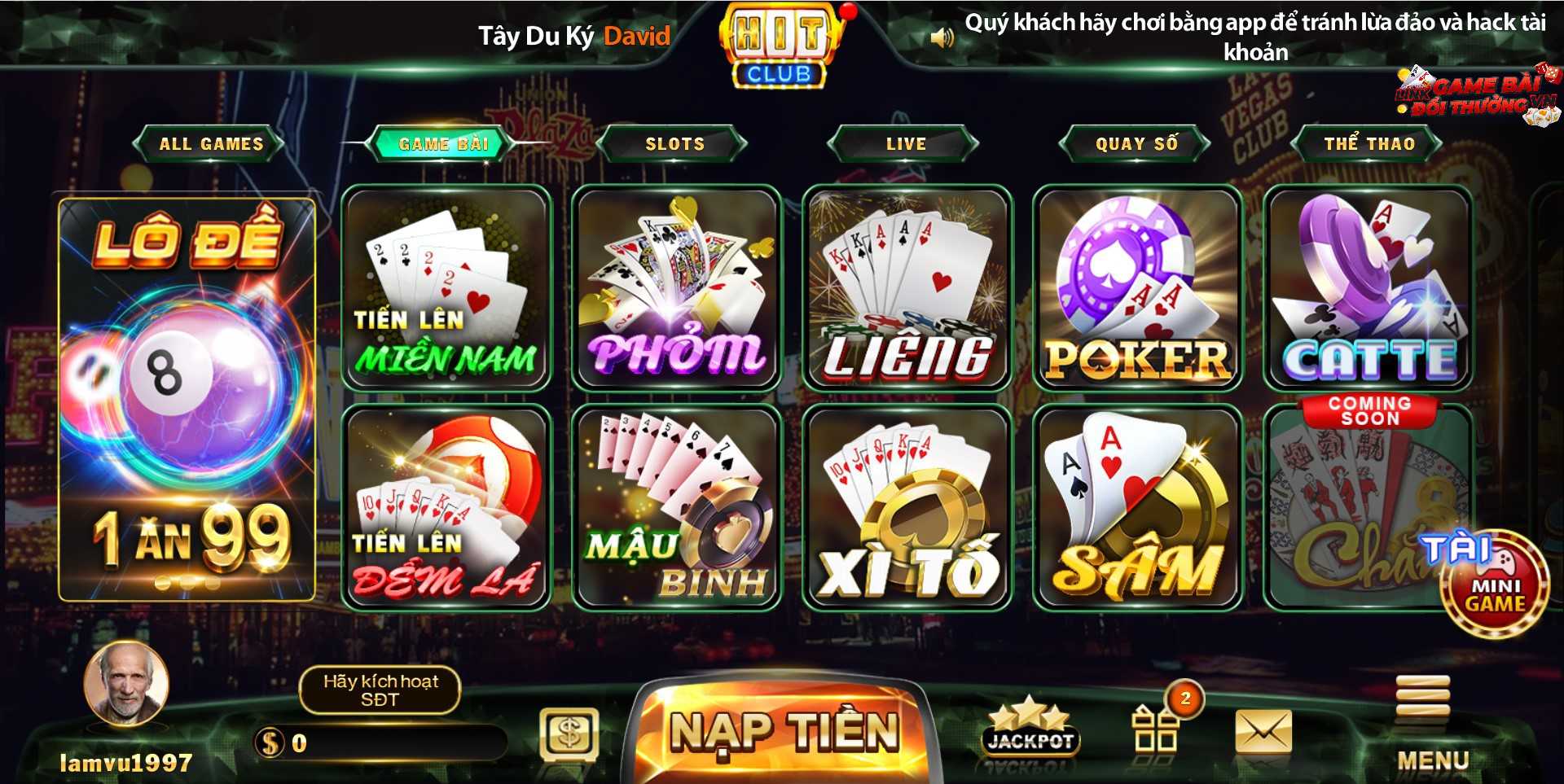 Giao diện sảnh game bài tại Hit Club