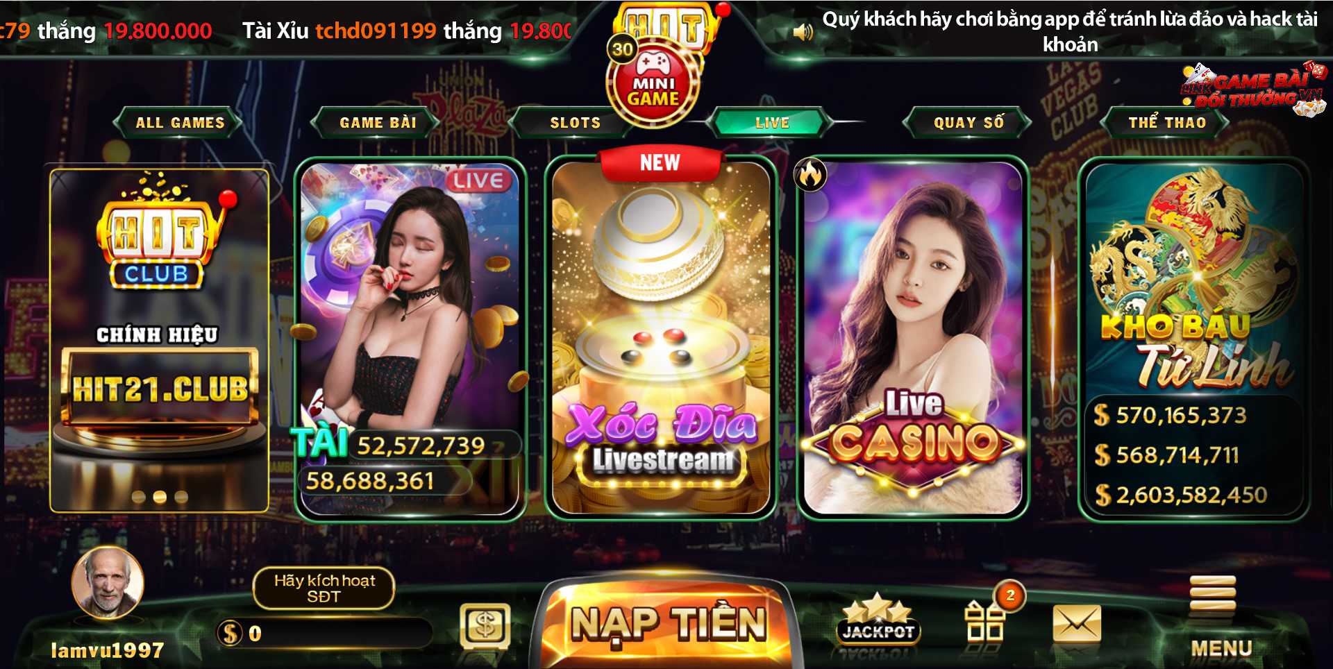 Giao  diện sảnh live casino tại Hit Club