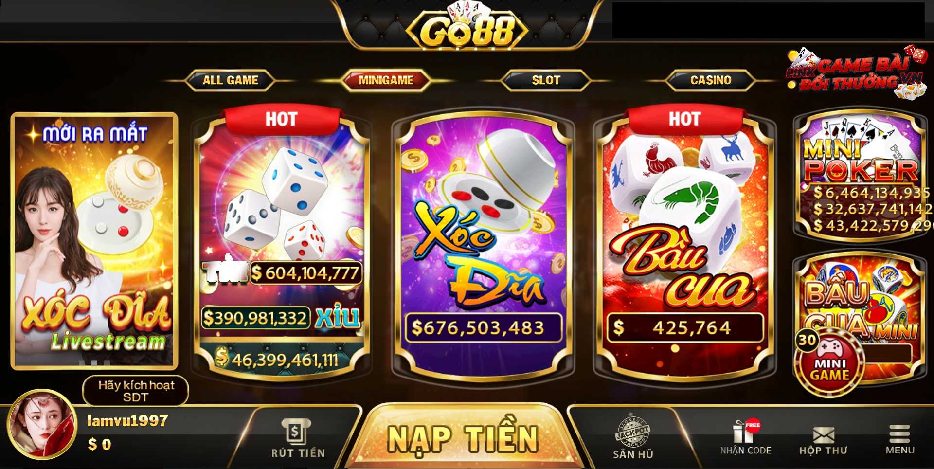 Giao diện sảnh Mini game tại Go88