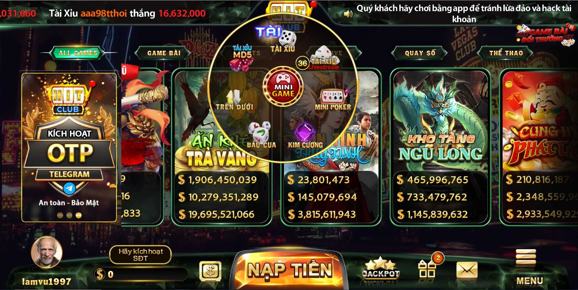 Giao diện sảnh mini game tại Hit Club