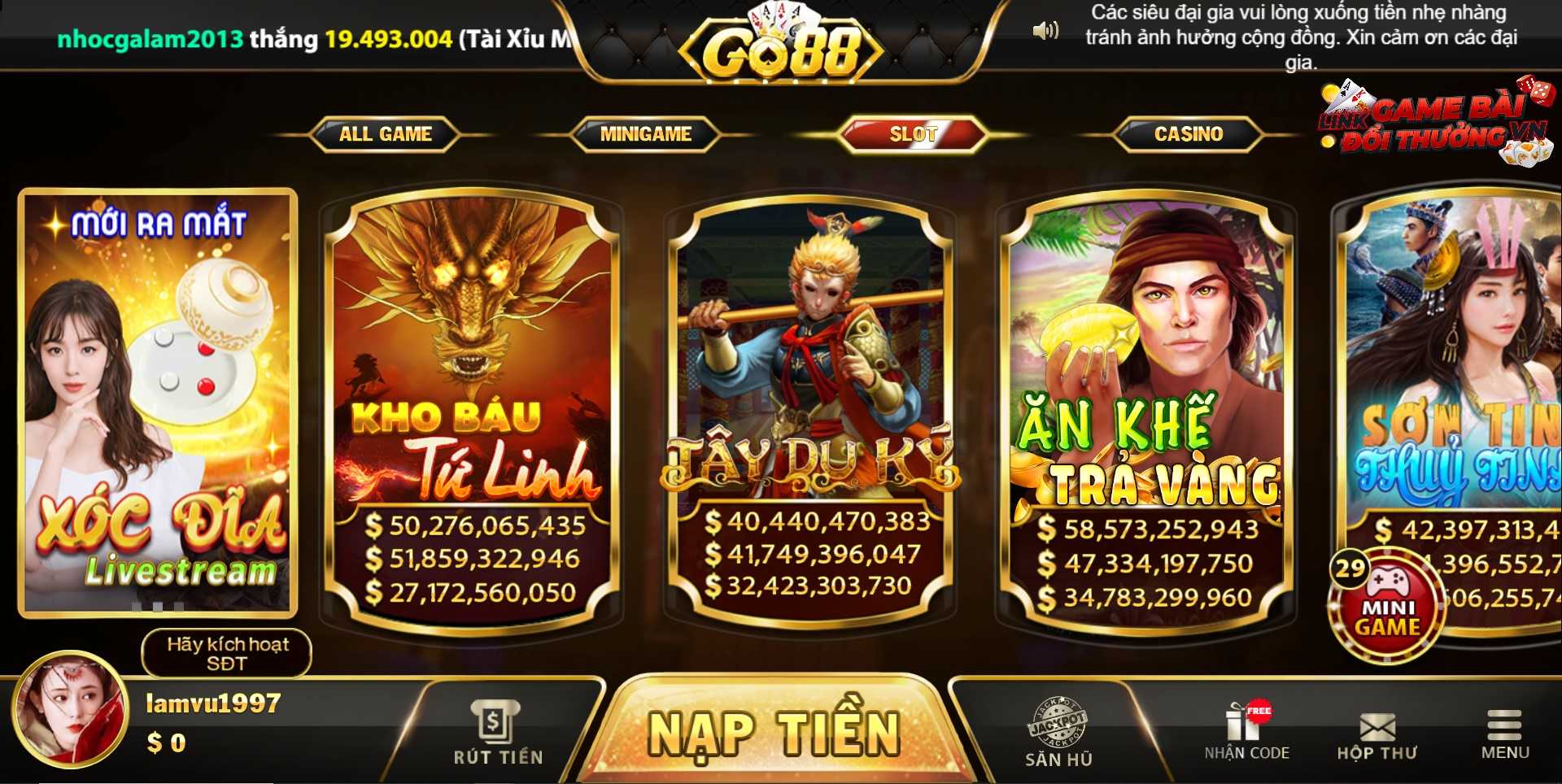 Giao diện sảnh Slot tại Go88